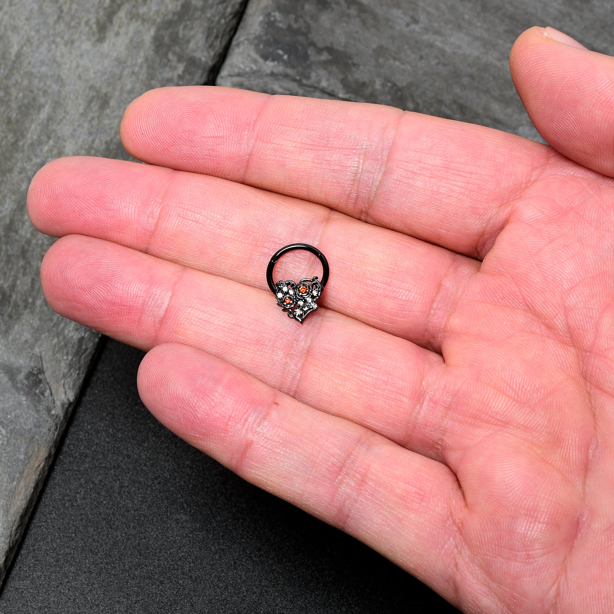 16G 3/8 Clear Red CZ Gem Black Heart Floral Hinged Segment Ring