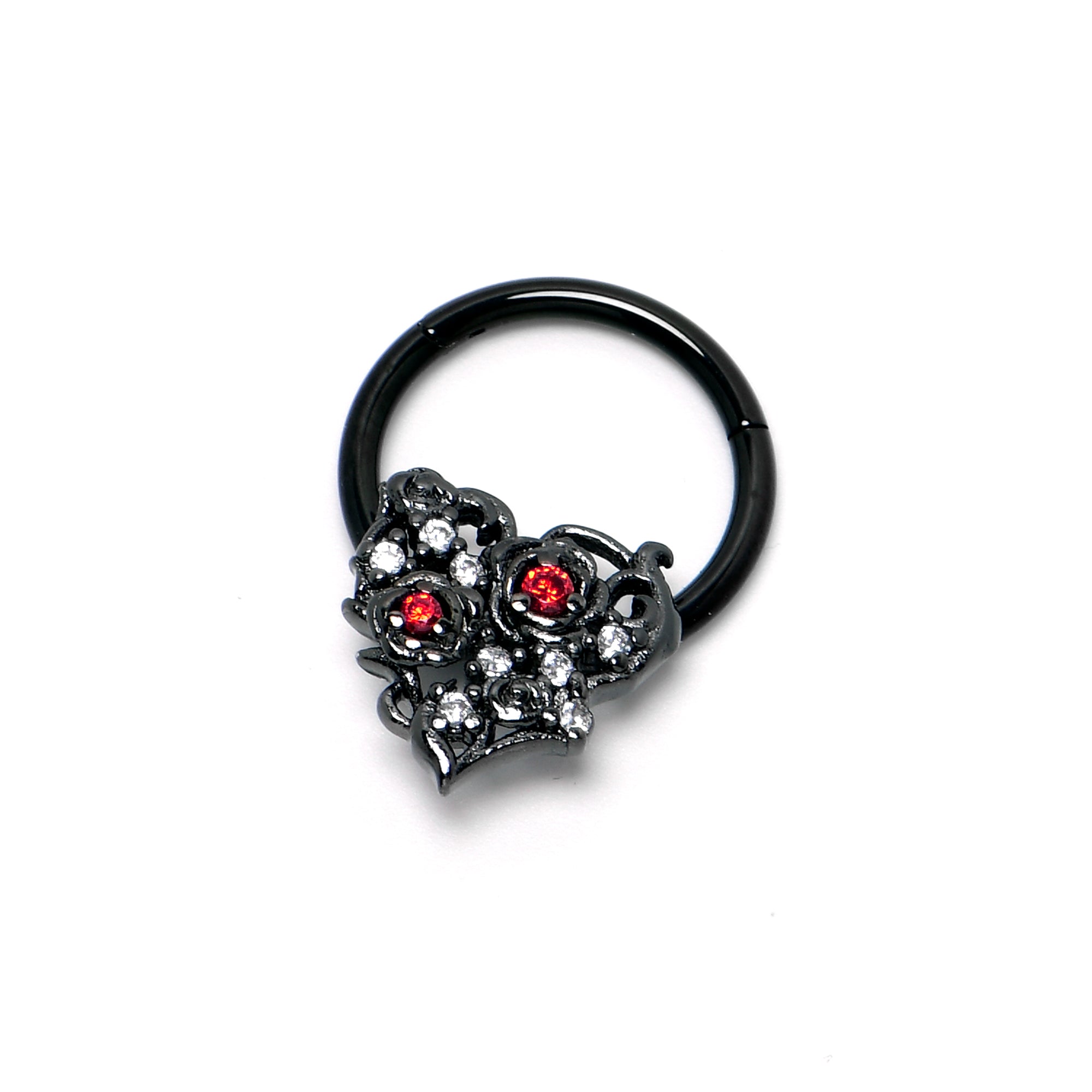 16G 3/8 Clear Red CZ Gem Black Heart Floral Hinged Segment Ring