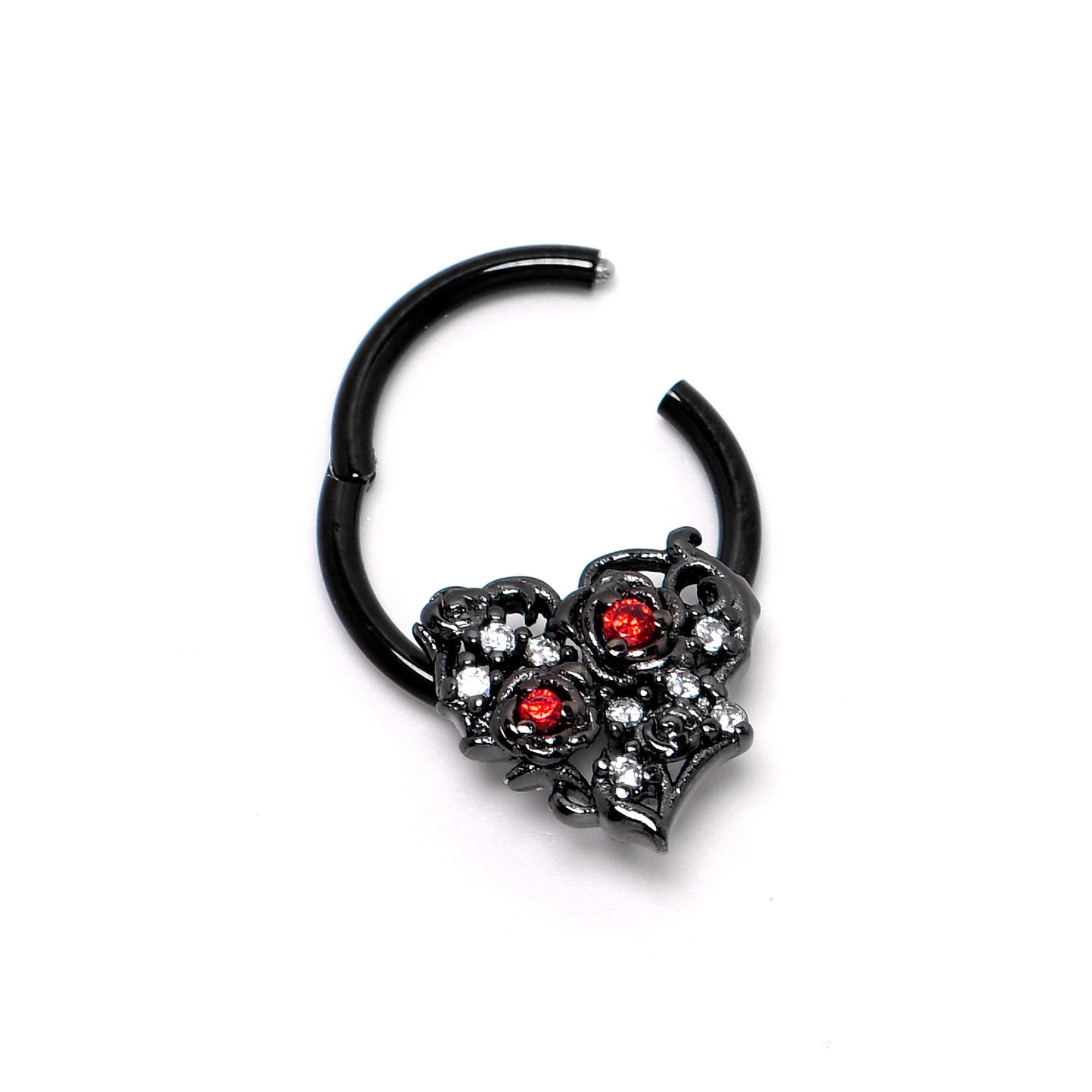 16G 3/8 Clear Red CZ Gem Black Heart Floral Hinged Segment Ring