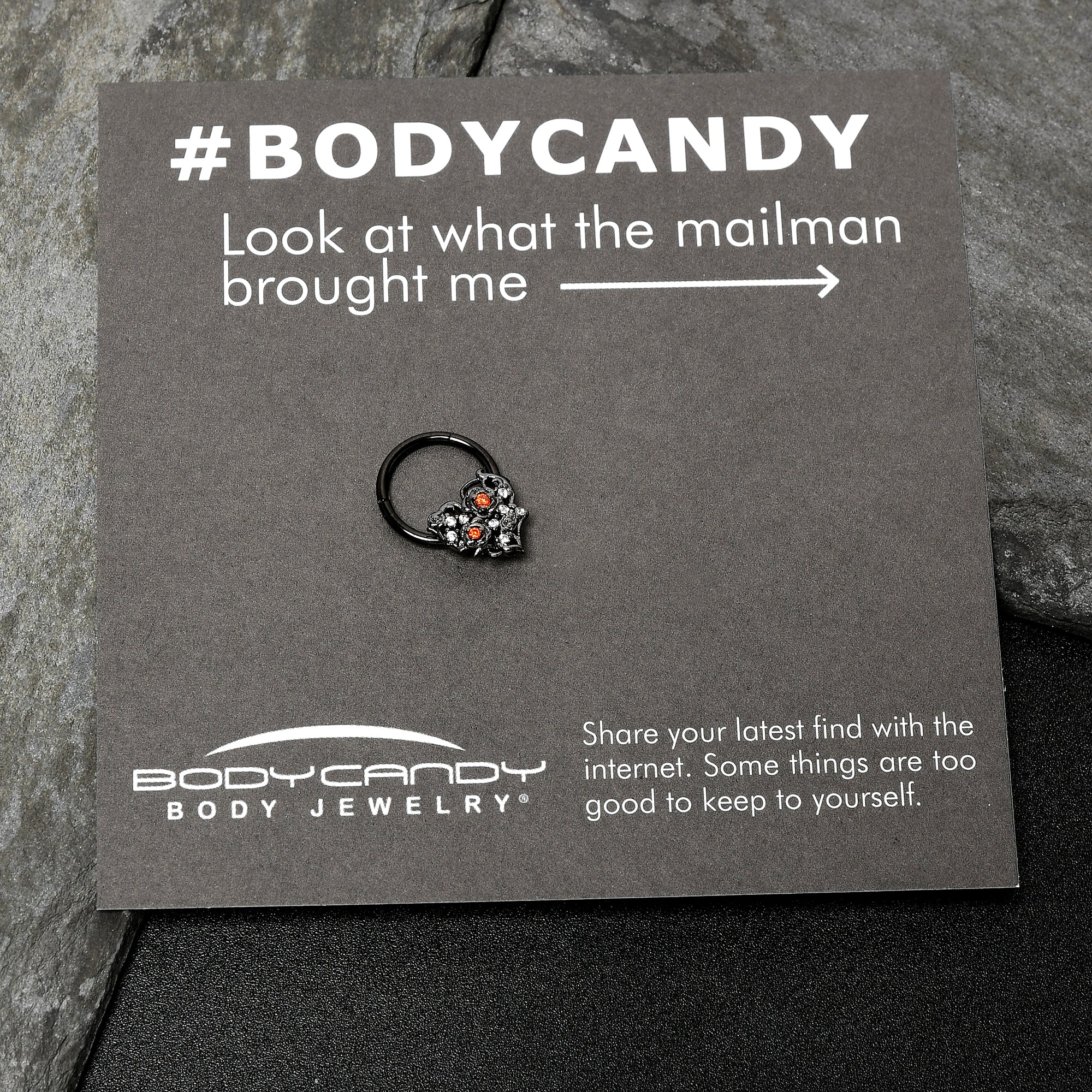 16G 3/8 Clear Red CZ Gem Black Heart Floral Hinged Segment Ring