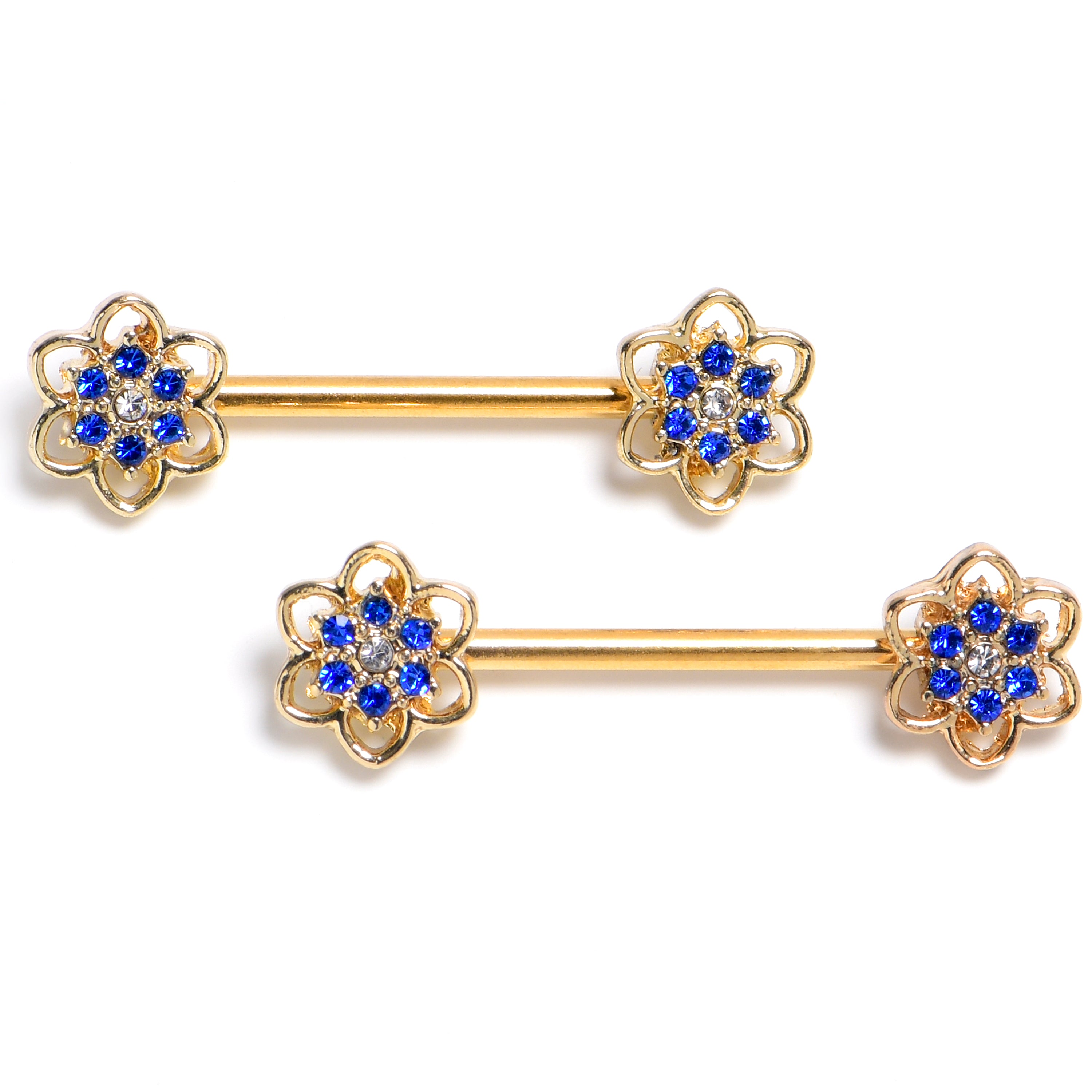14G 9/16 Blue Gem Gold Tone Radiant Bloom Flower Barbell Nipple Ring Set