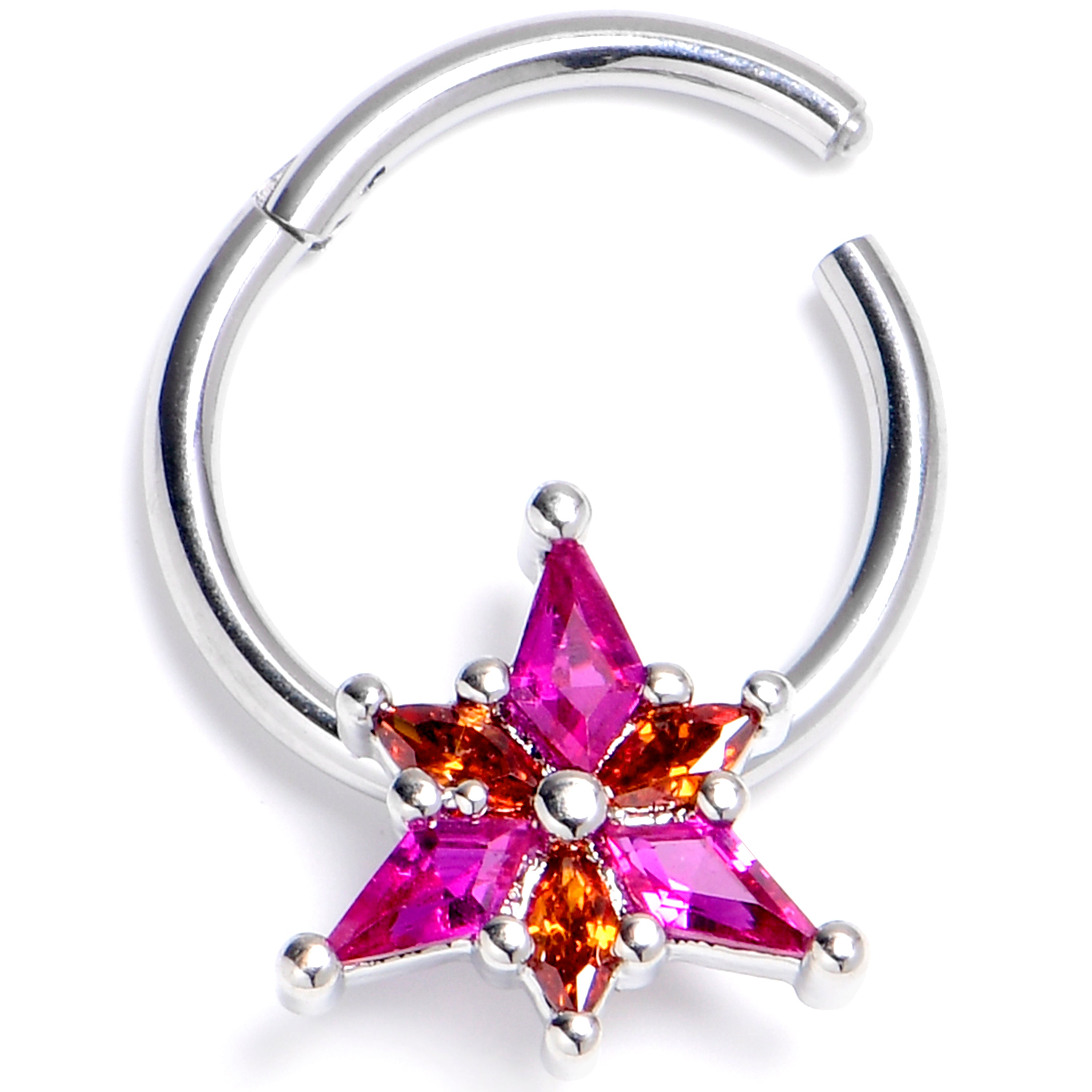 16G 3/8 Pink Orange Gem Abstract Fire Hinged Segment Ring