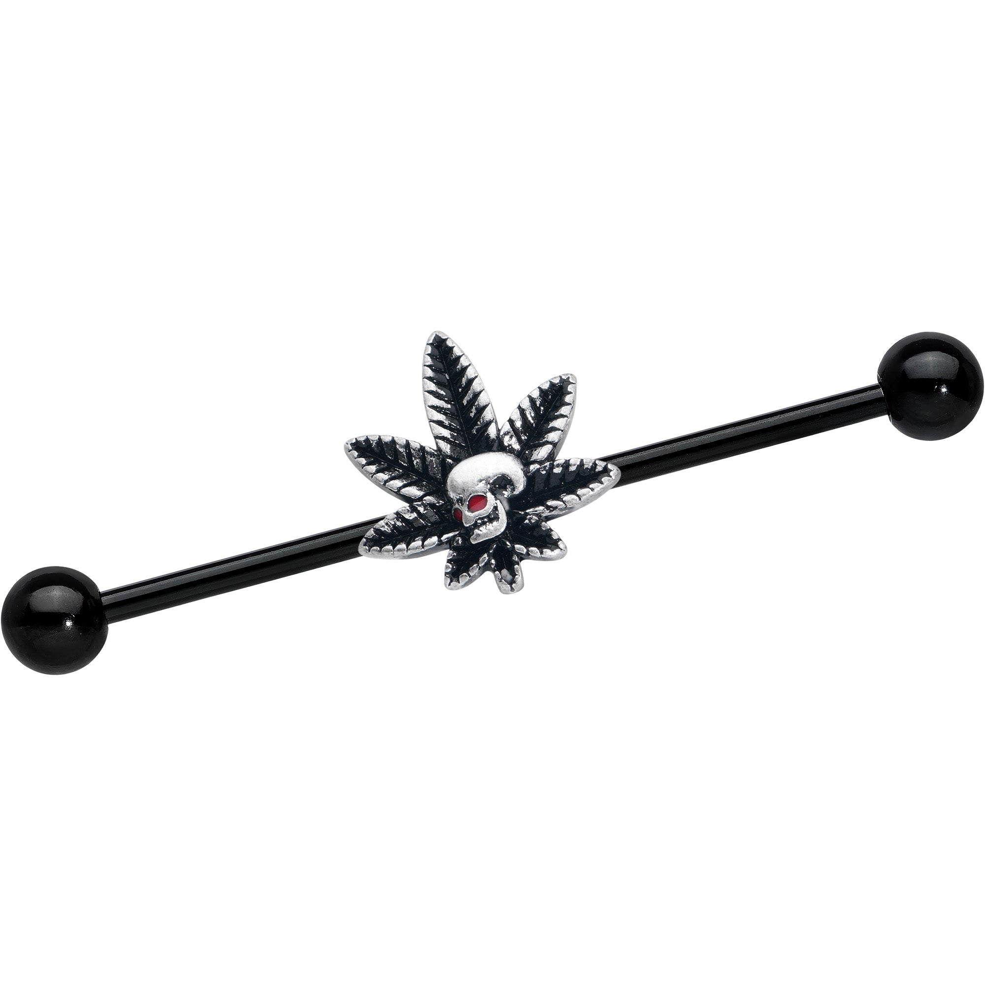 14G Red Gem Black Pot Leaf Skull Industrial Barbell 38mm