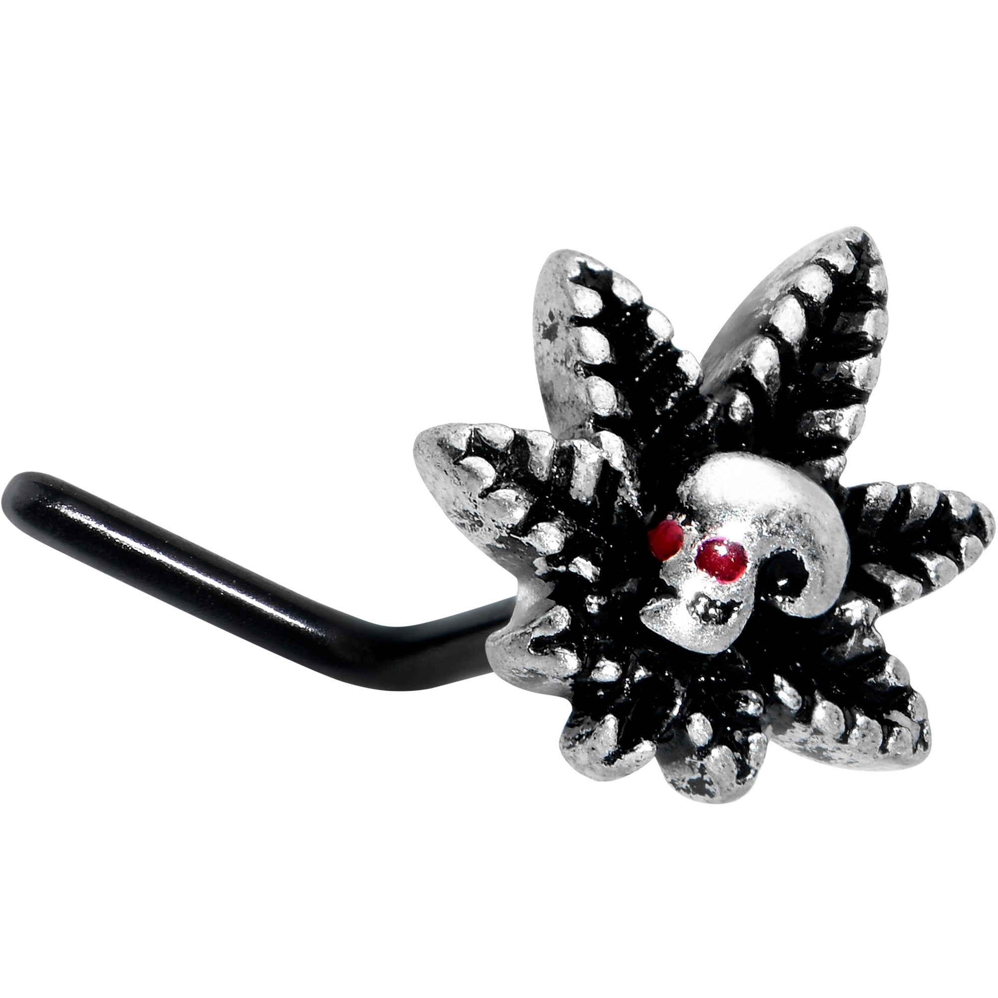 20G 7mm Red Gem Black Pot Leaf Skull L Shape Nose Ring