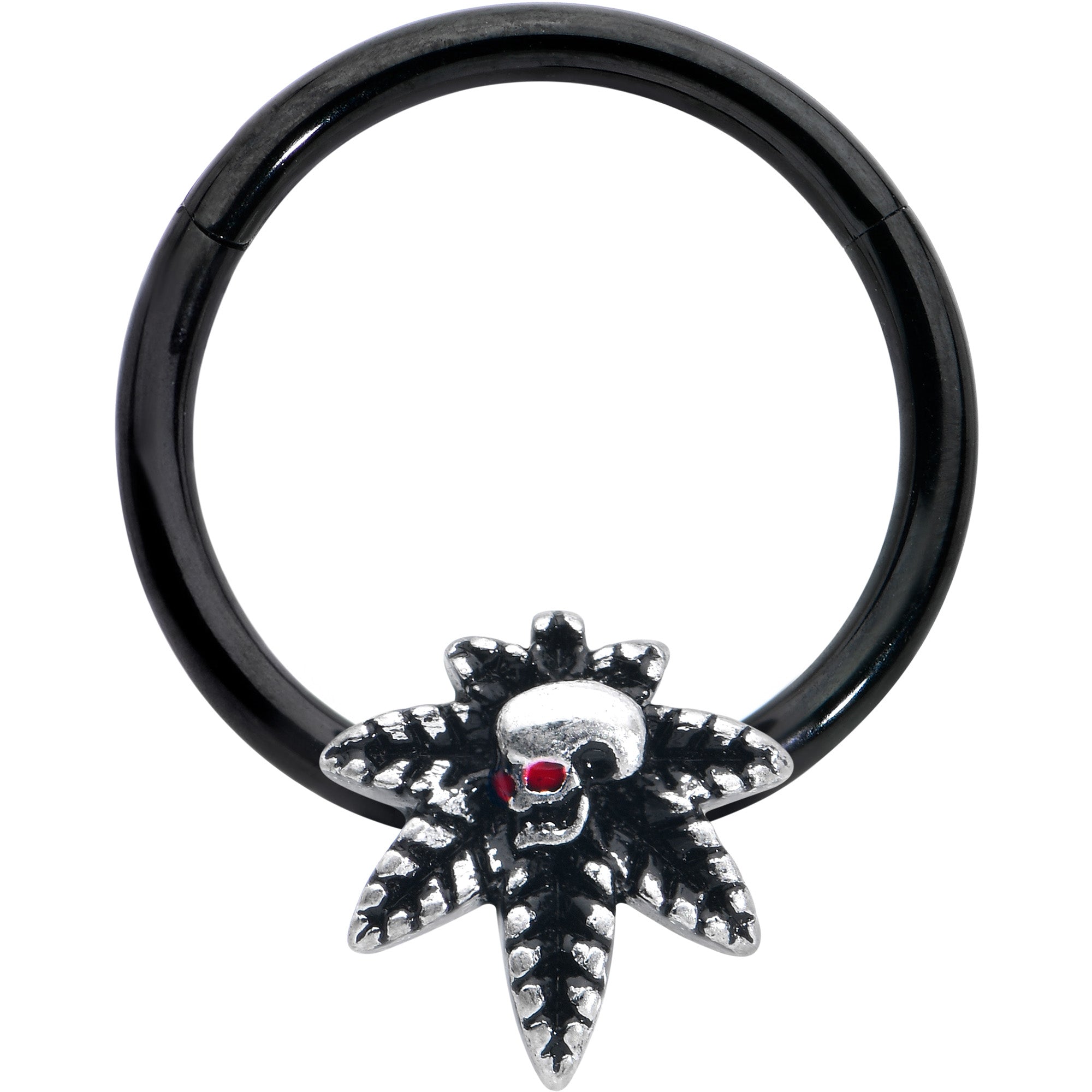 16G 3/8 Red Gem Black Pot Leaf Skull Hinged Segment Ring