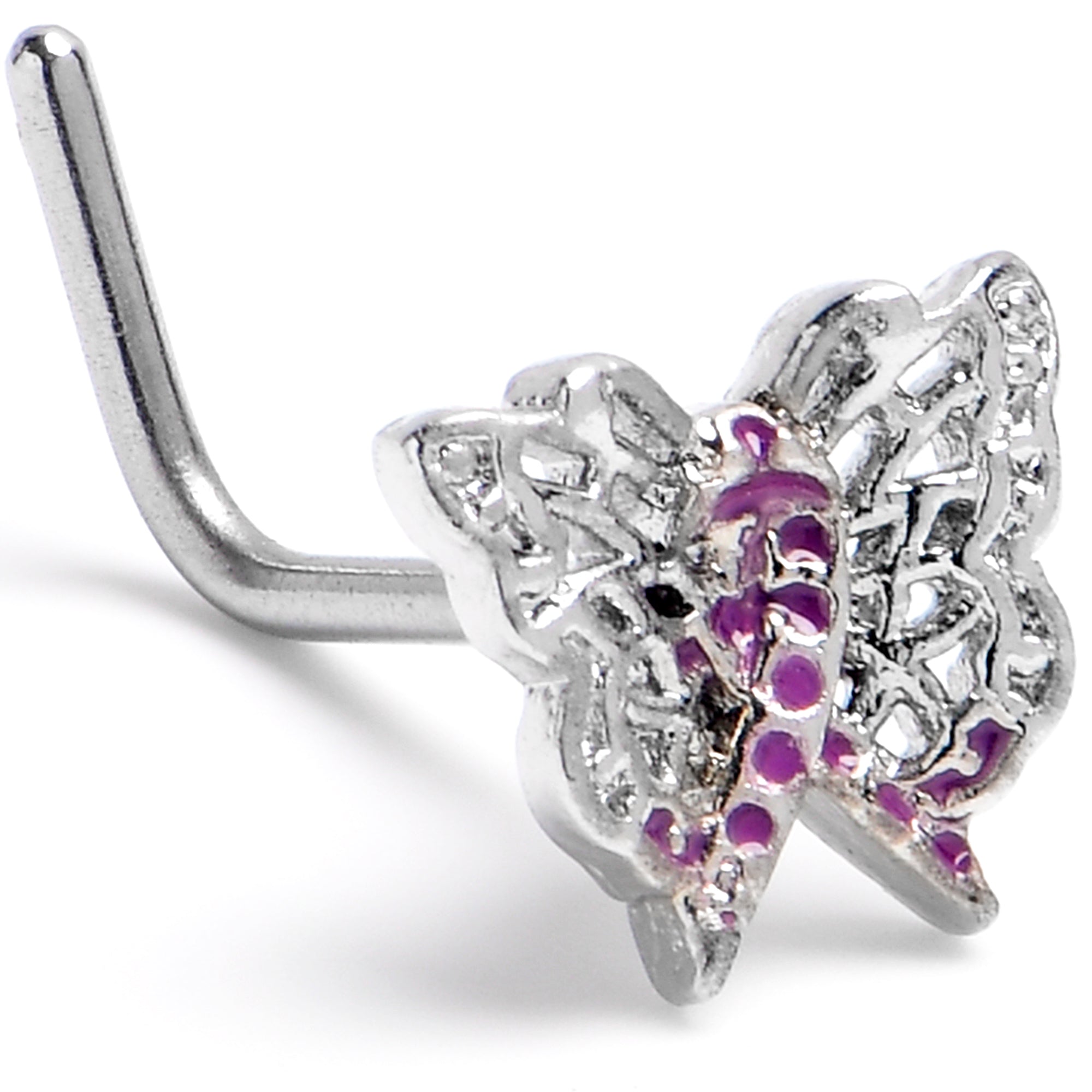 20G 7mm Purplish Beauty in Flight Butterfly L Shape Nose Ring