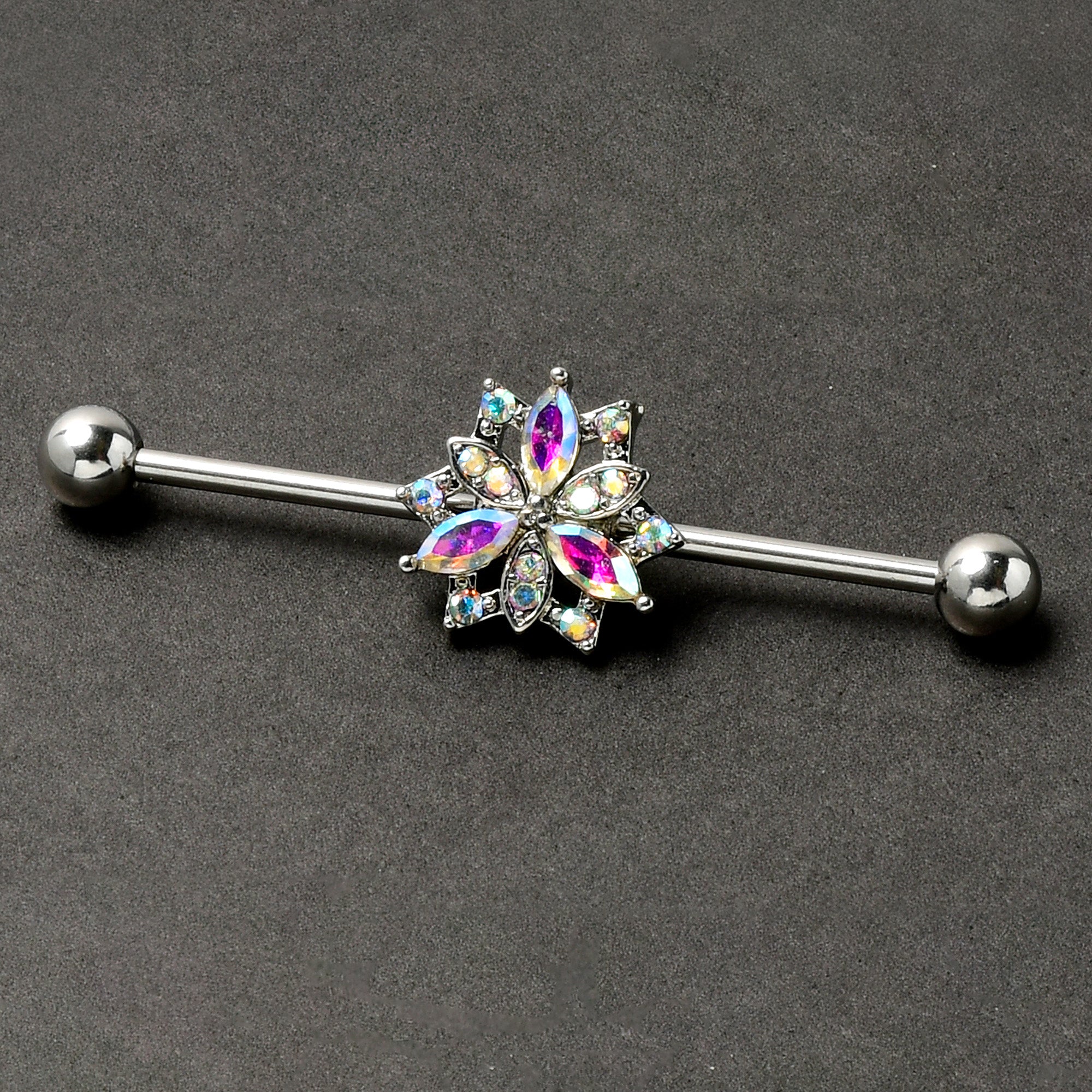 14G Aurora CZ Gem Snowflake Style Industrial Barbell 38mm