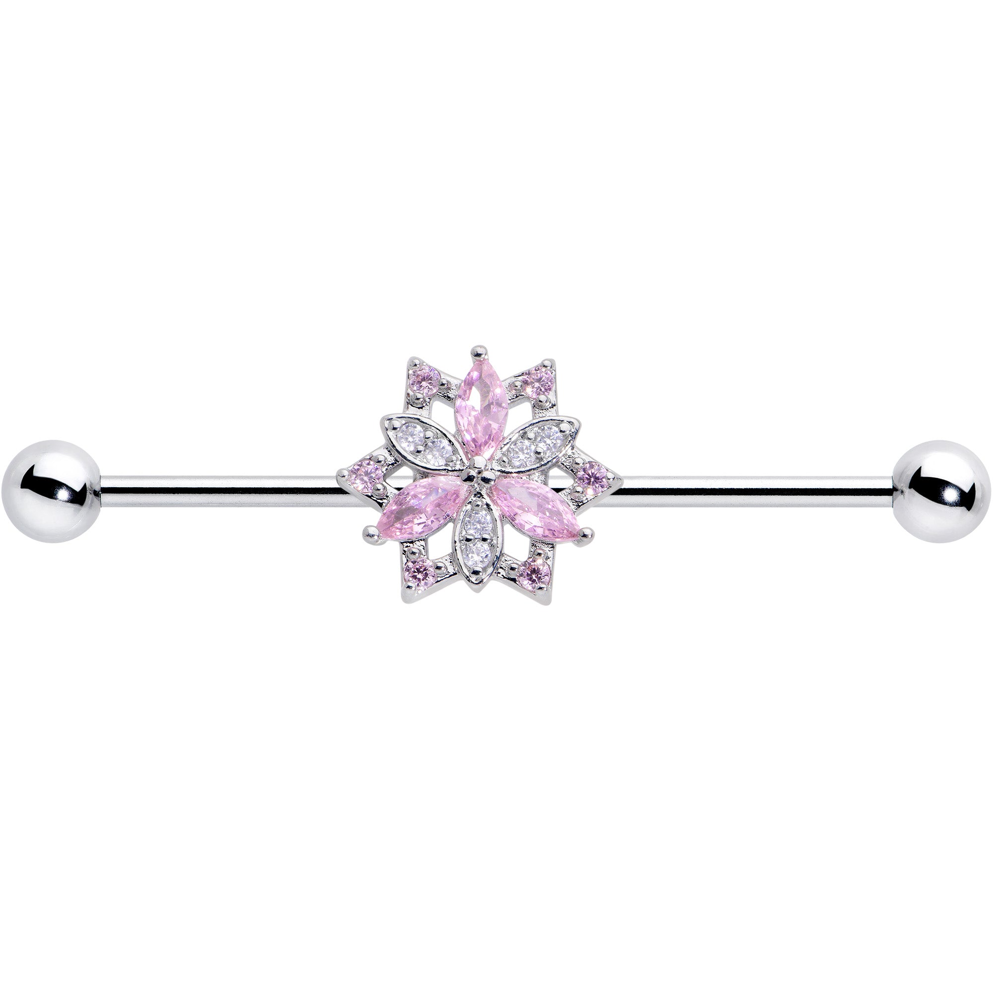 14G Pink Clear CZ Gem Snowflake Style Industrial Barbell 38mm