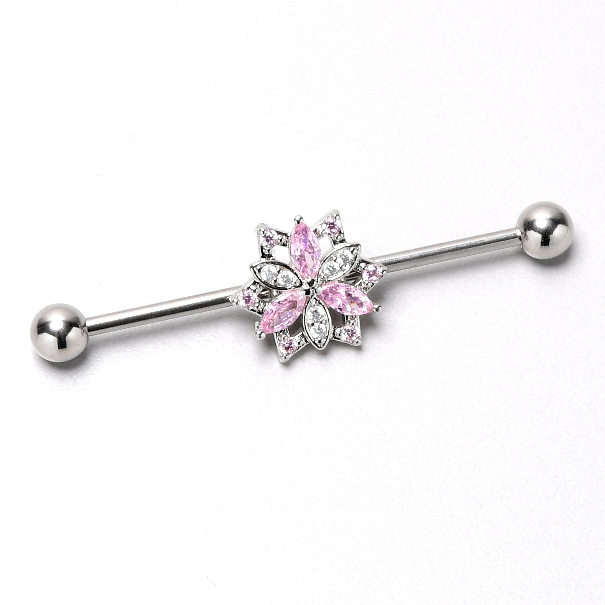 14G Pink Clear CZ Gem Snowflake Style Industrial Barbell 38mm