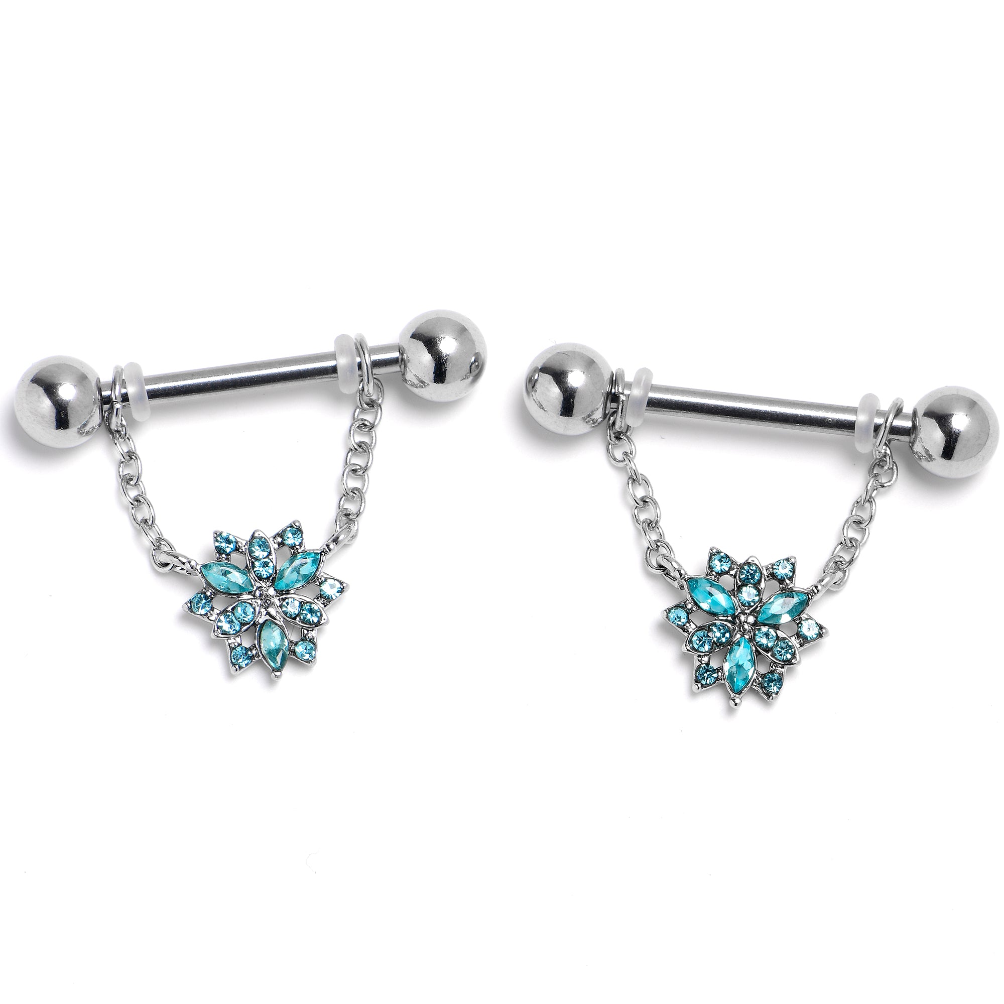 14G 9/16 Blue Gem Snowflake Style Chain Dangle Nipple Ring Set