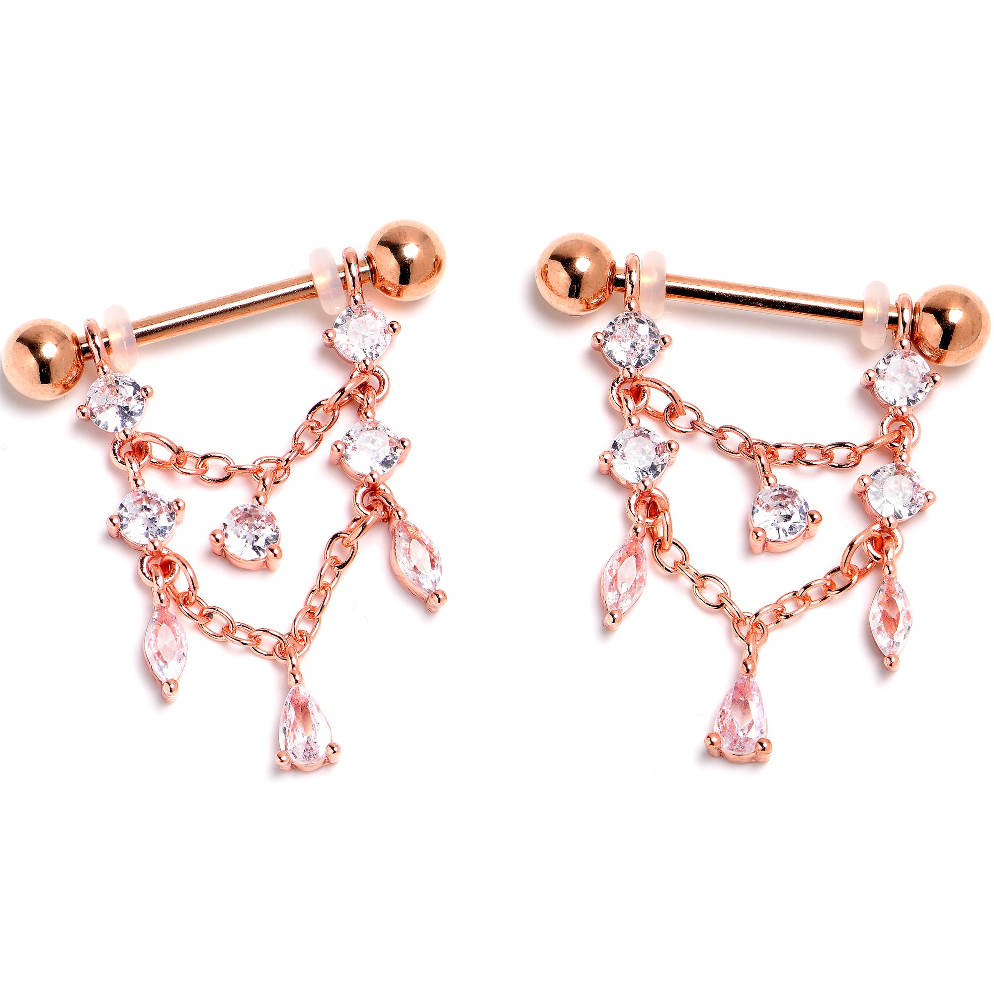 14G 9/16 Clear Gem Rosy Tone Double Chain Dangle Nipple Ring Set