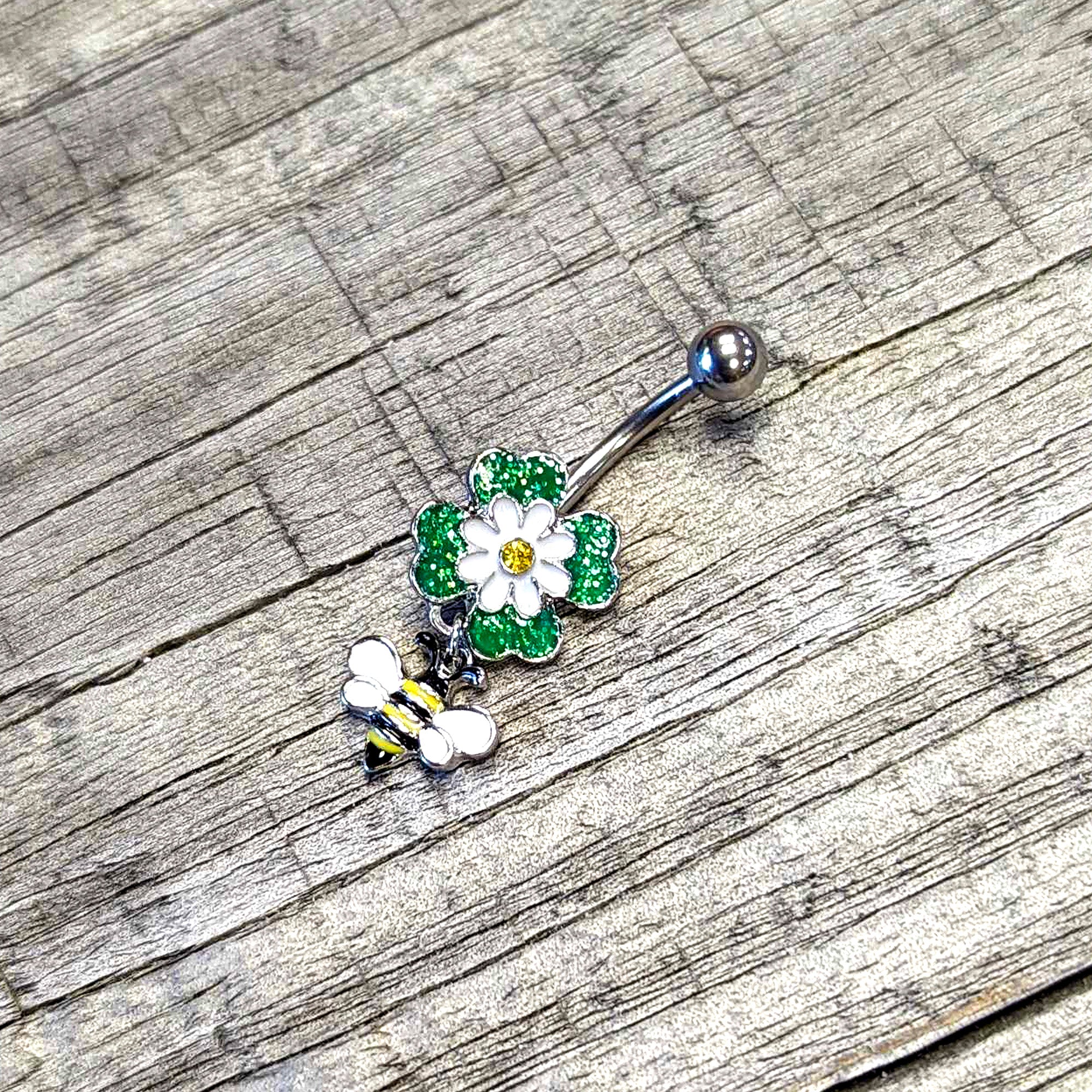 Yellow Gem Daisy Bee Glittery Dangle Belly Ring