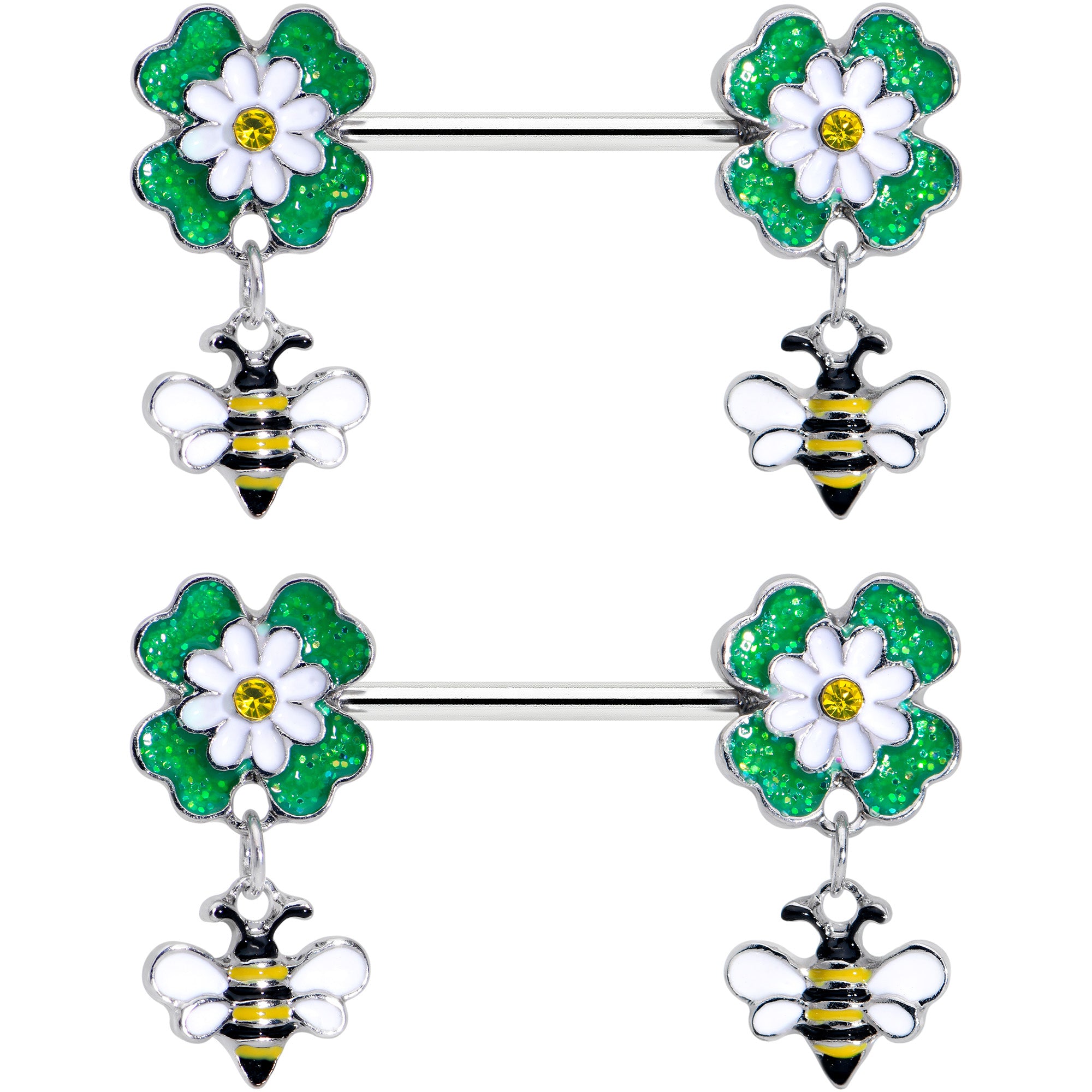 14G 9/16 Yellow Gem Daisy Bee Glittery Barbell Nipple Ring Set