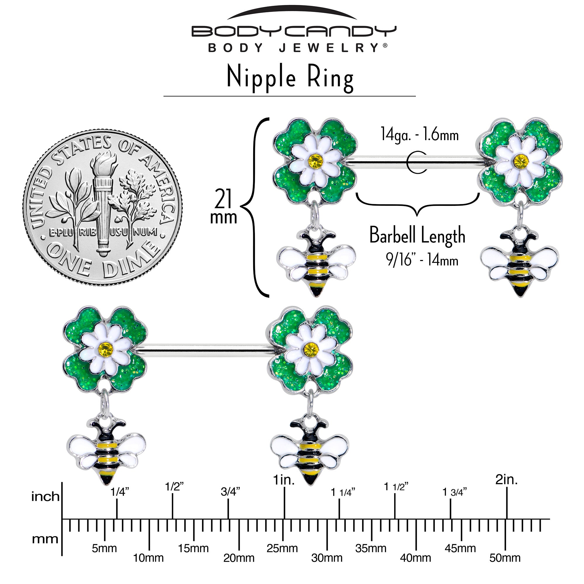14G 9/16 Yellow Gem Daisy Bee Glittery Barbell Nipple Ring Set