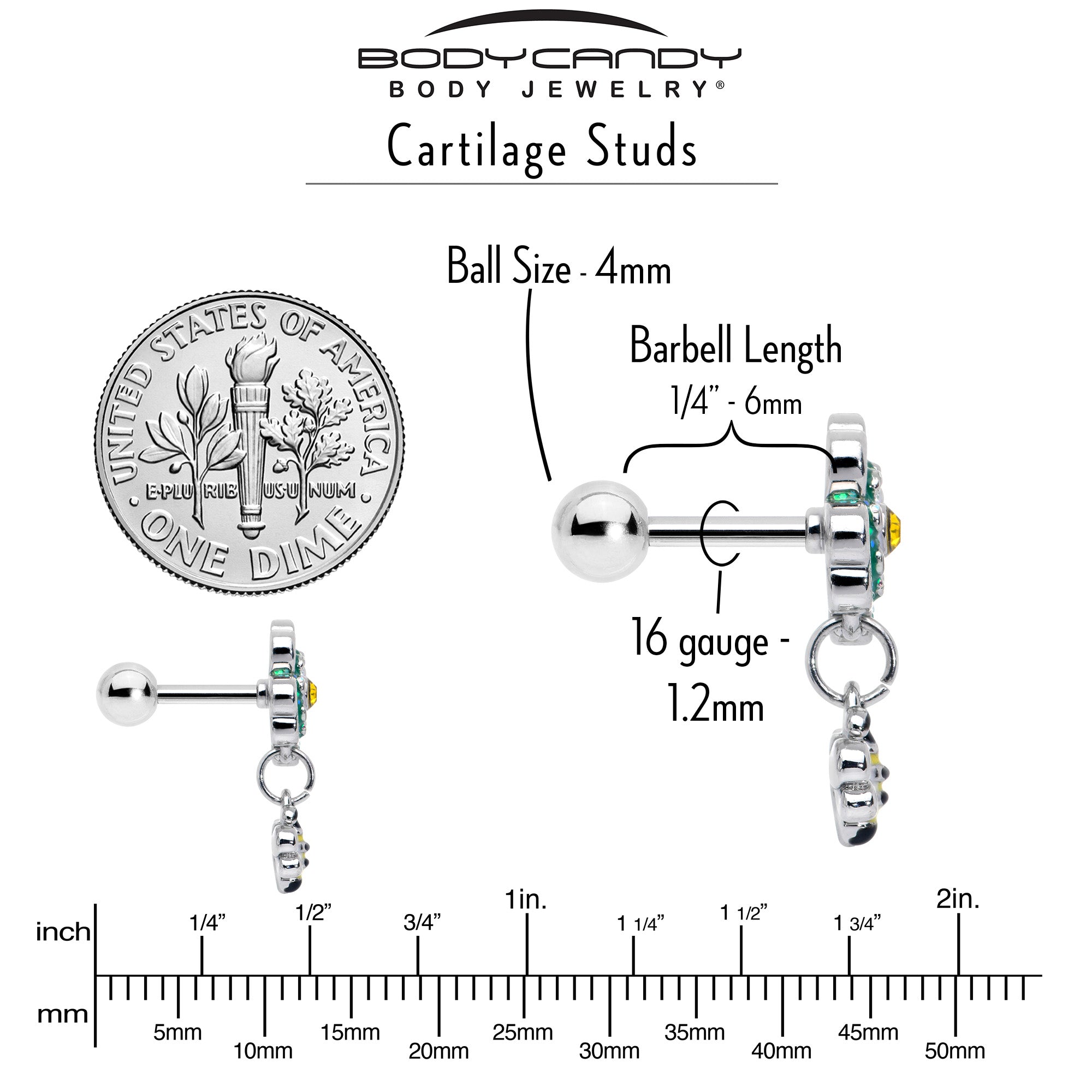 16G 1/4 Yellow Gem Daisy Bee Glittery Cartilage Tragus Earring