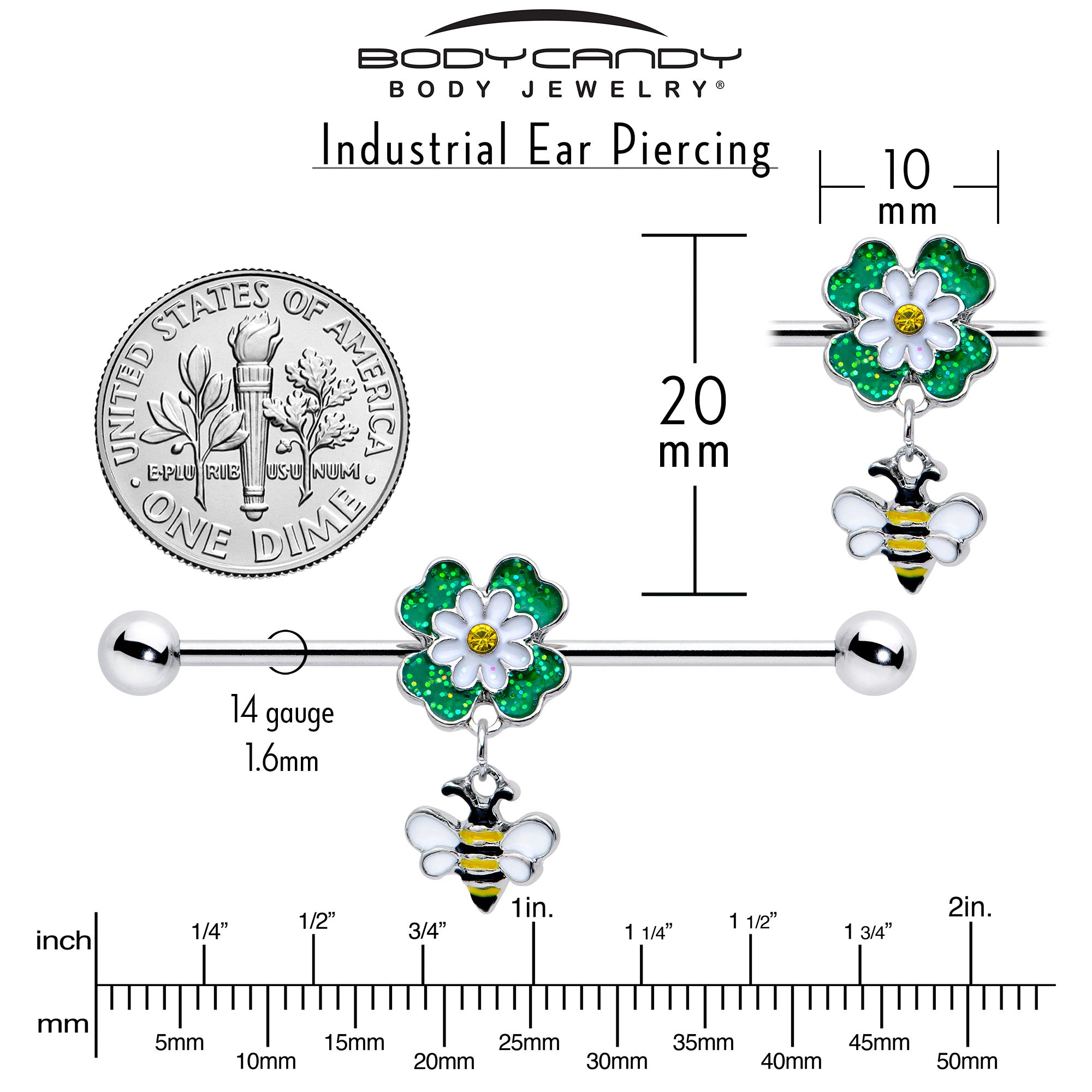 14G Yellow Gem Daisy Bee Glittery Dangle Industrial Barbell 38mm