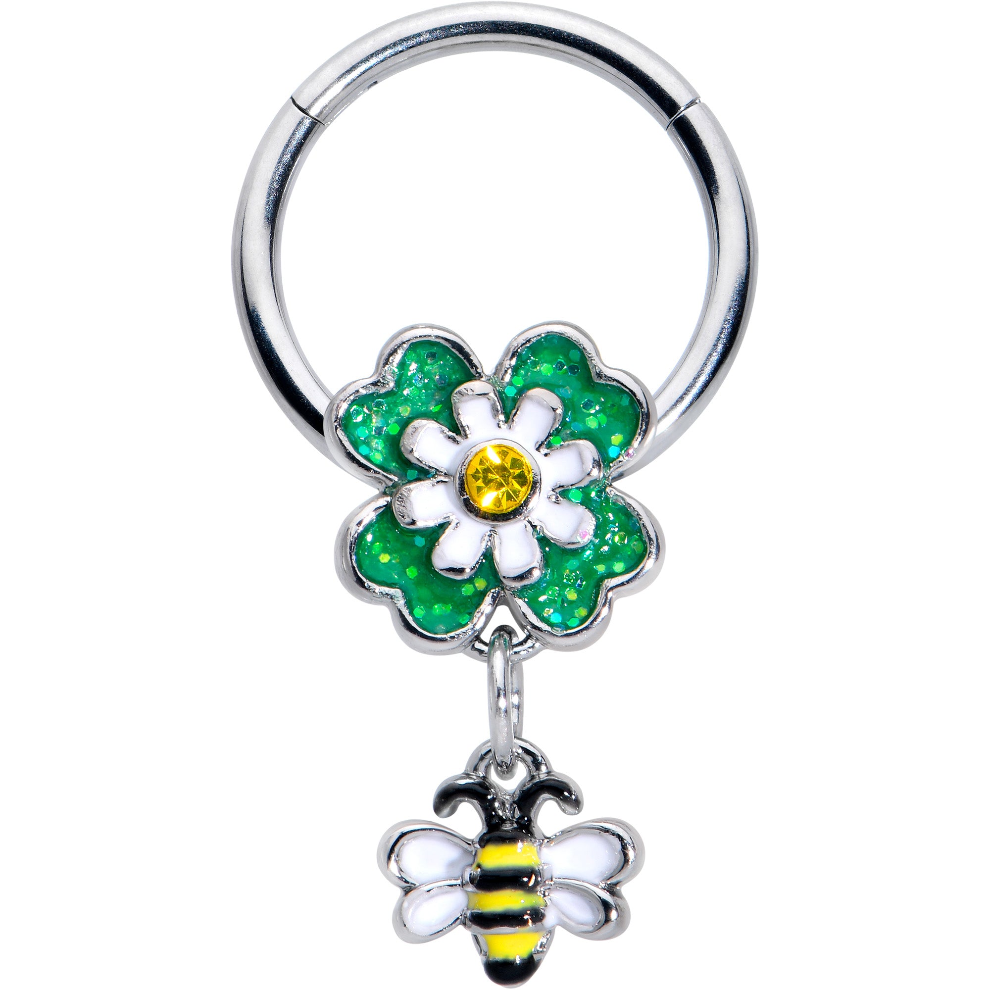 16G 3/8 Yellow Gem Daisy Bee Glitter Dangle Hinged Segment Ring