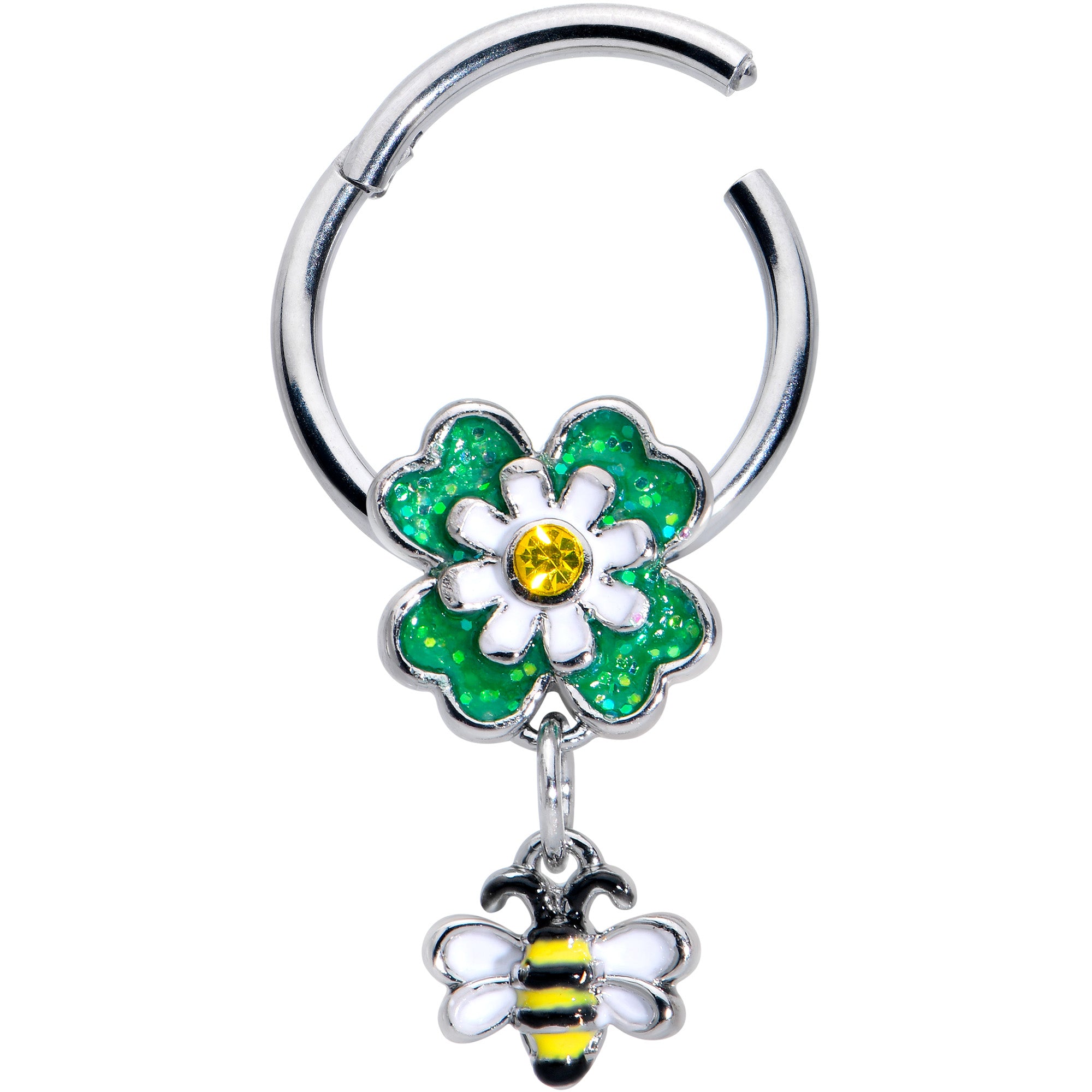16G 3/8 Yellow Gem Daisy Bee Glitter Dangle Hinged Segment Ring