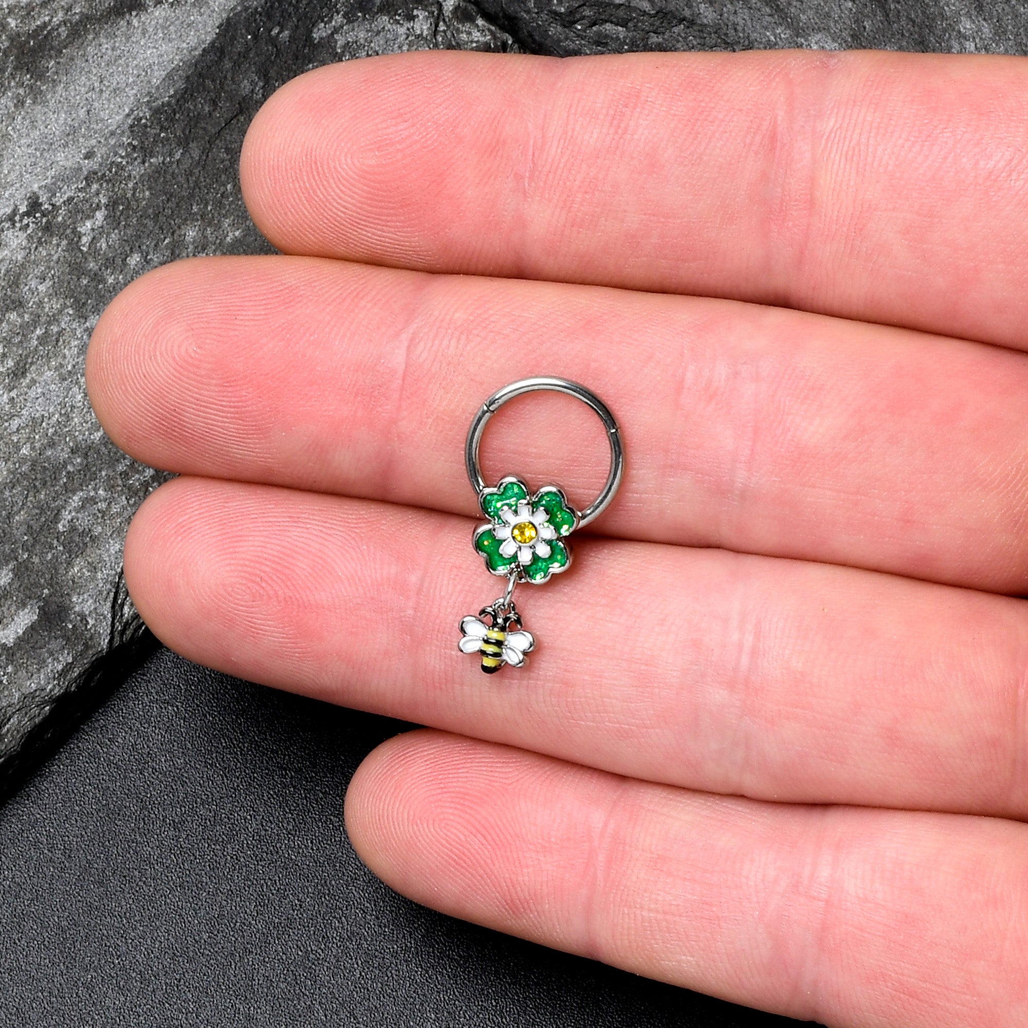 16G 3/8 Yellow Gem Daisy Bee Glitter Dangle Hinged Segment Ring