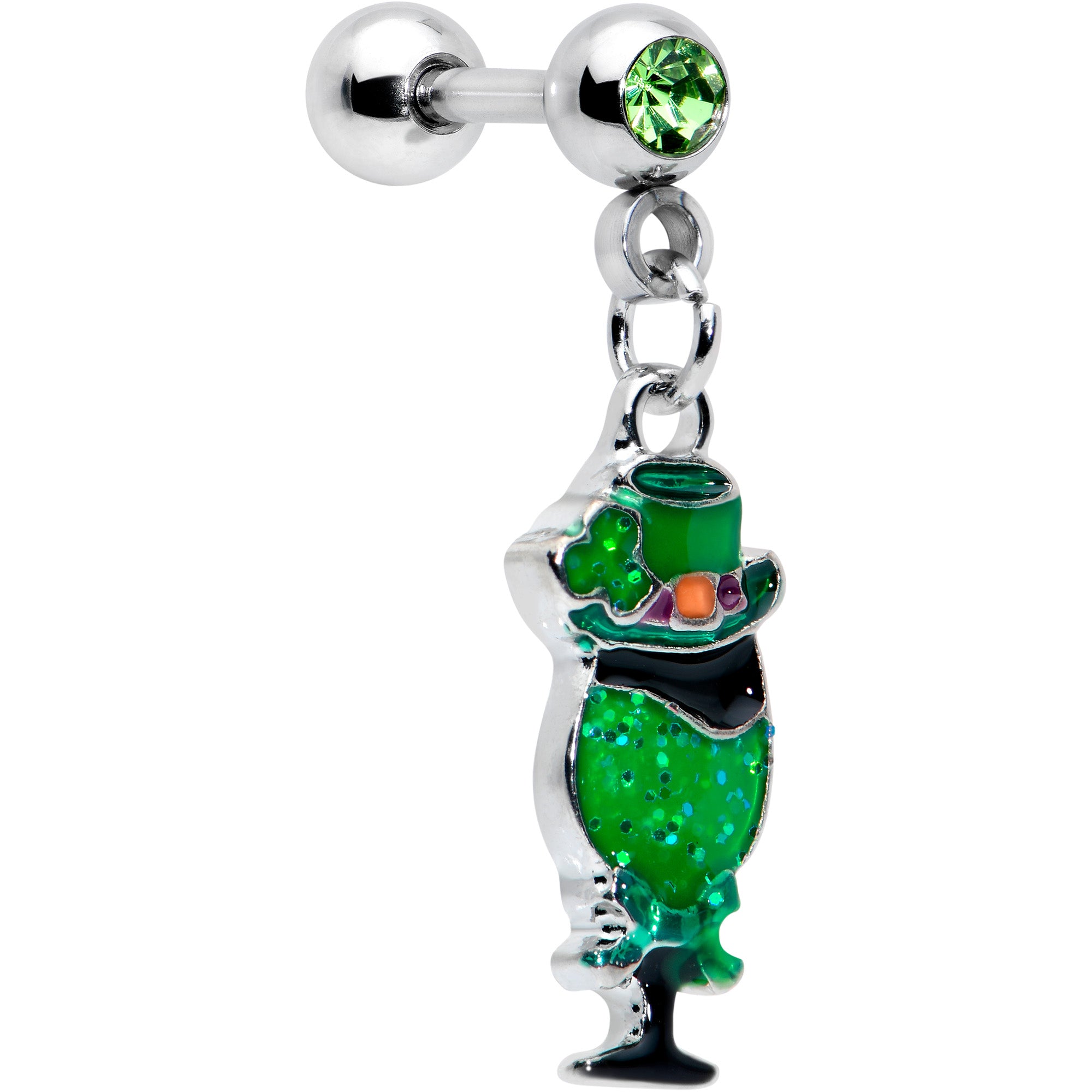 16G 1/4 Green Gem Fancy Leprechaun Dangle Cartilage Tragus Earring