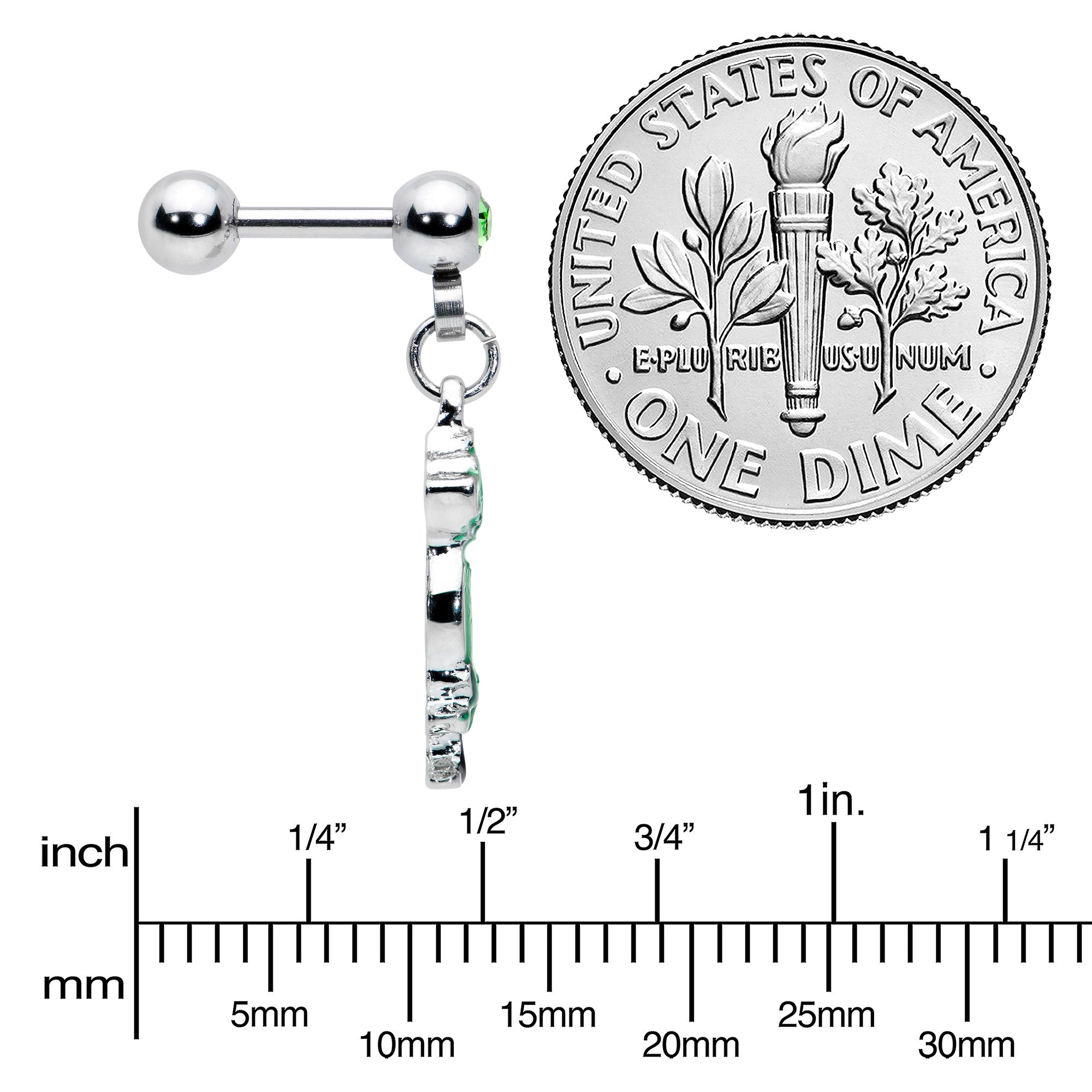 16G 1/4 Green Gem Fancy Leprechaun Dangle Cartilage Tragus Earring