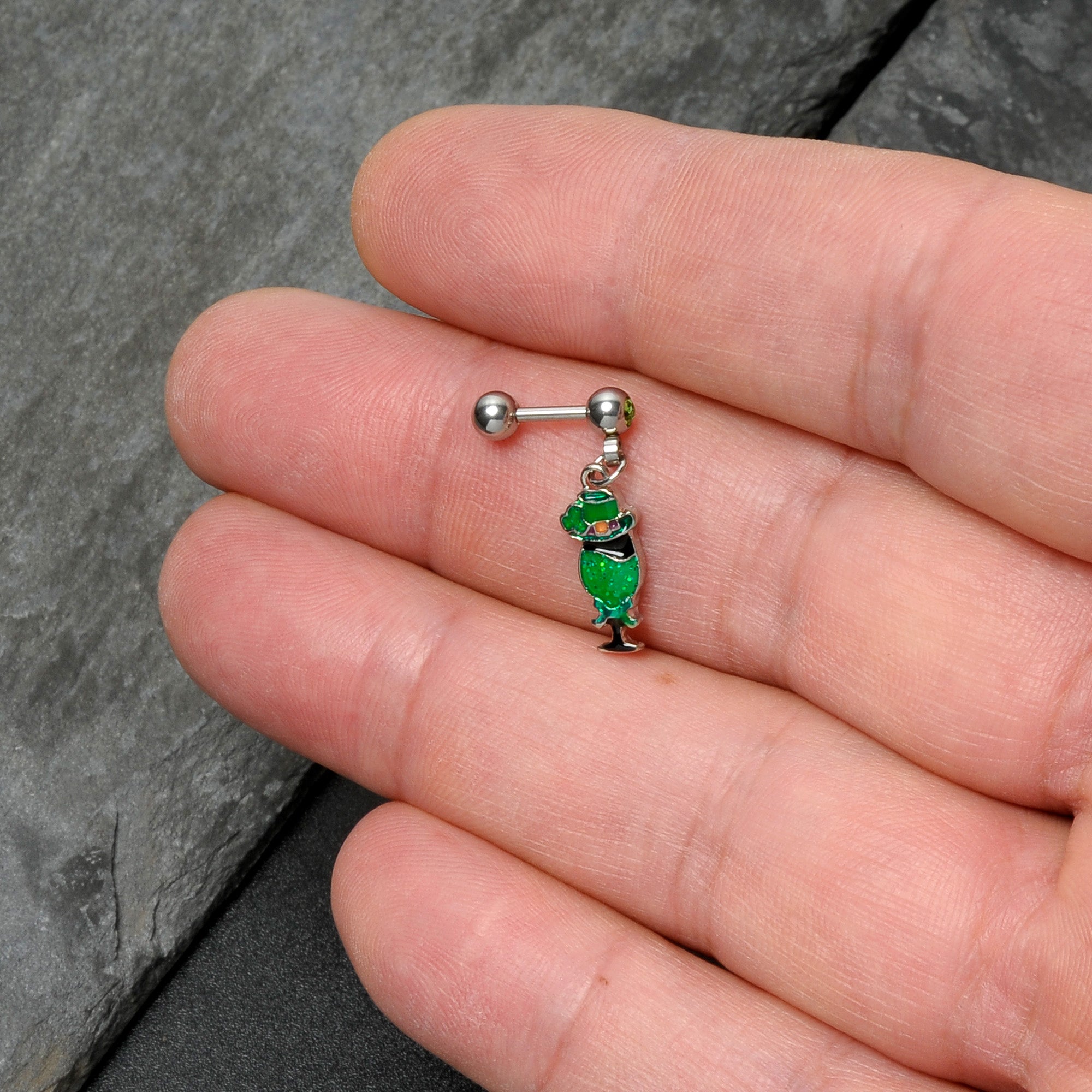 16G 1/4 Green Gem Fancy Leprechaun Dangle Cartilage Tragus Earring