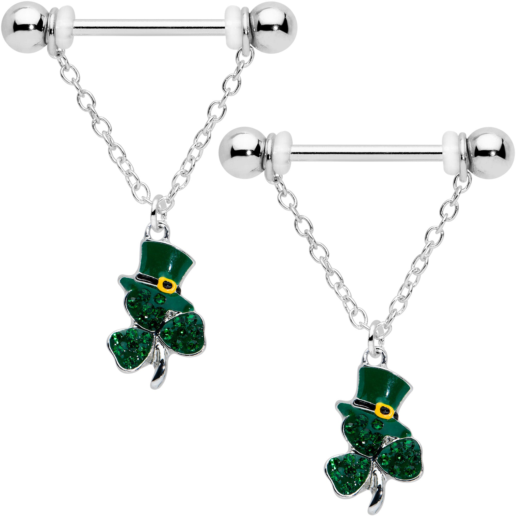 14G 9/16 Green Gem Top Hat Shamrock Chain Dangle Nipple Ring Set