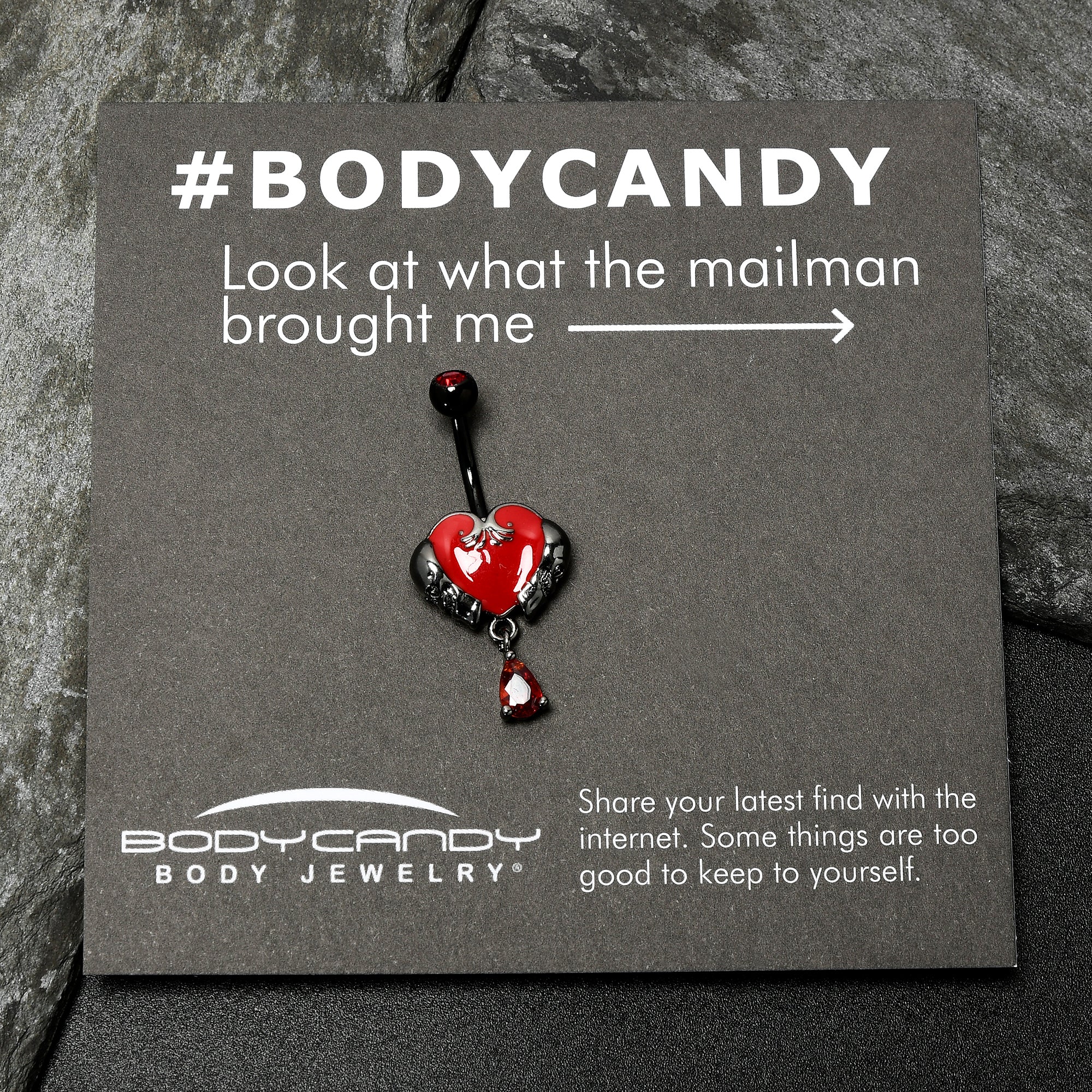 Red CZ Gem Black Double Skull Heart Dangle Belly Ring