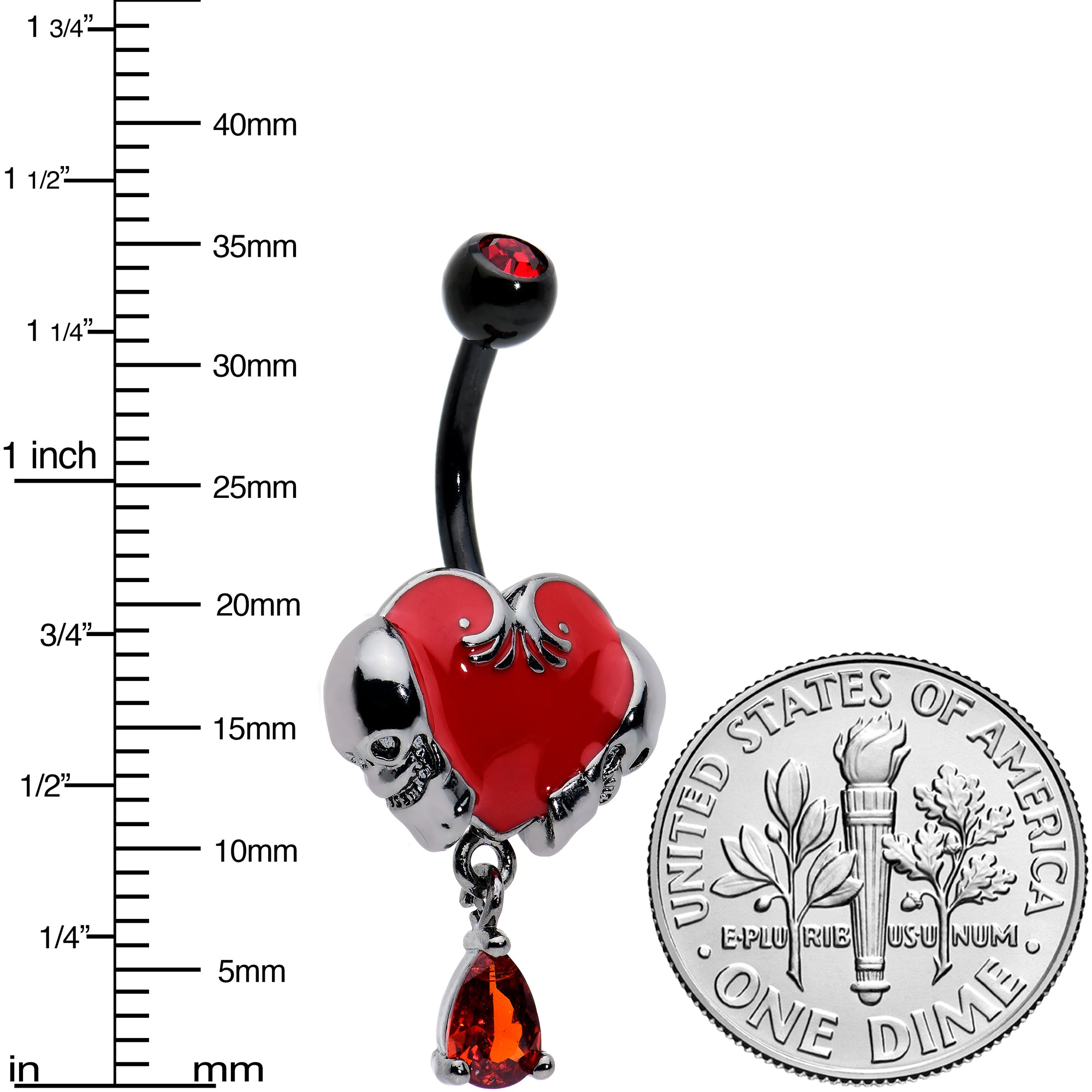 Red CZ Gem Black Double Skull Heart Dangle Belly Ring