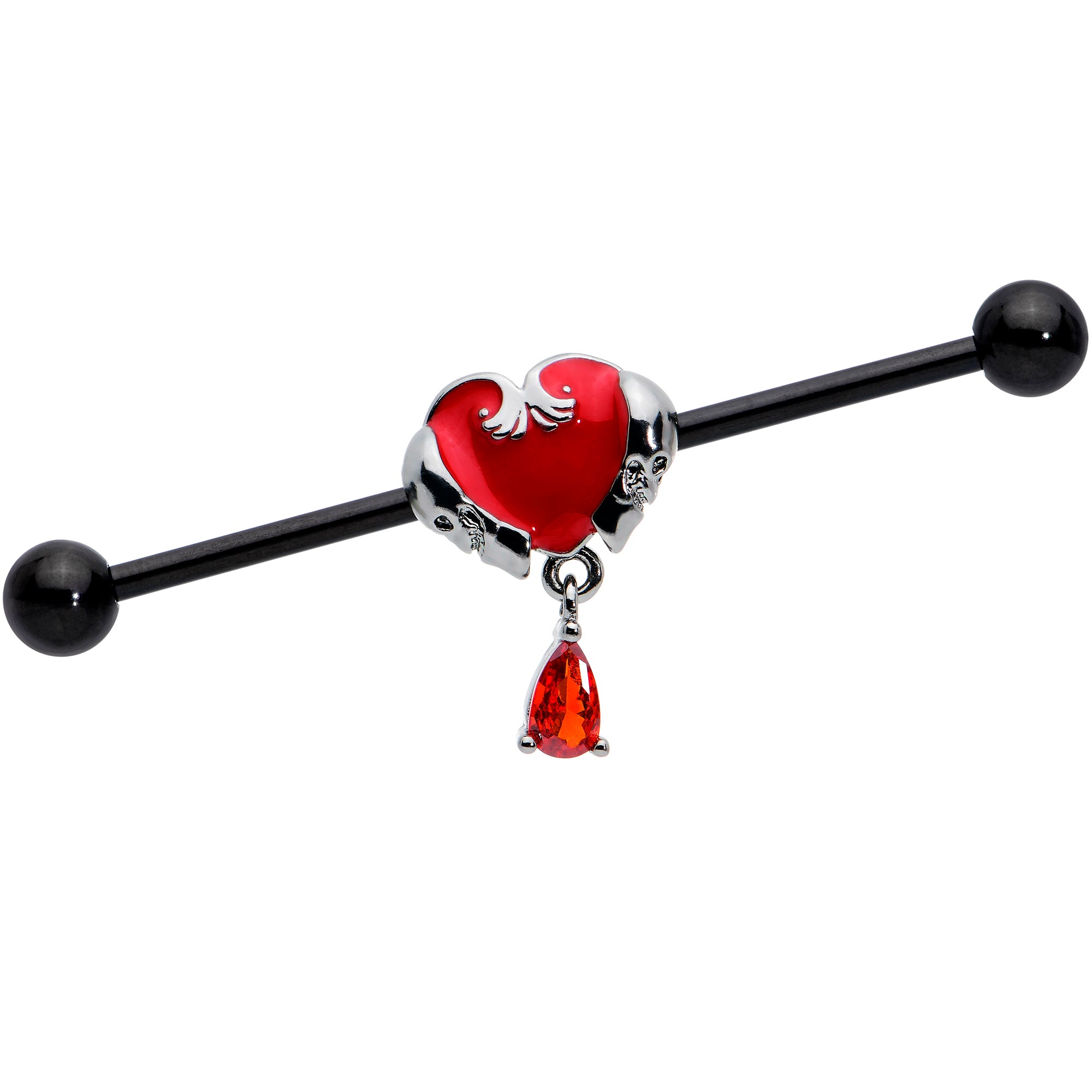 14G Red CZ Gem Black Duo Skull Heart Dangle Industrial Barbell 38mm