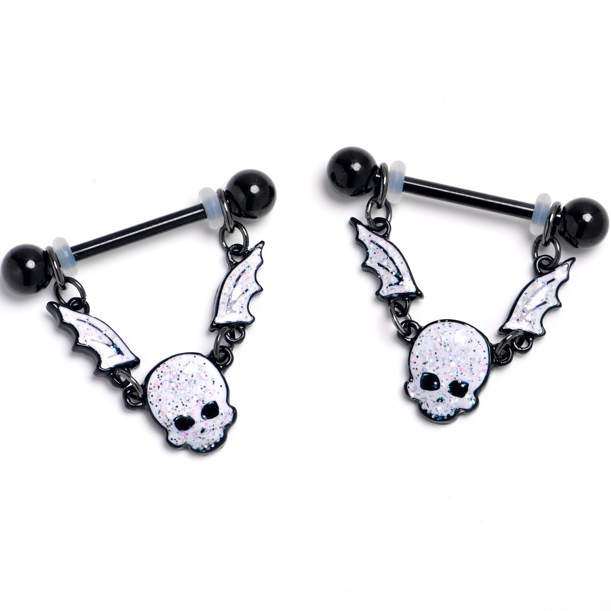 14G 9/16 Black Winged Skull Glitter Dangle Nipple Ring Set