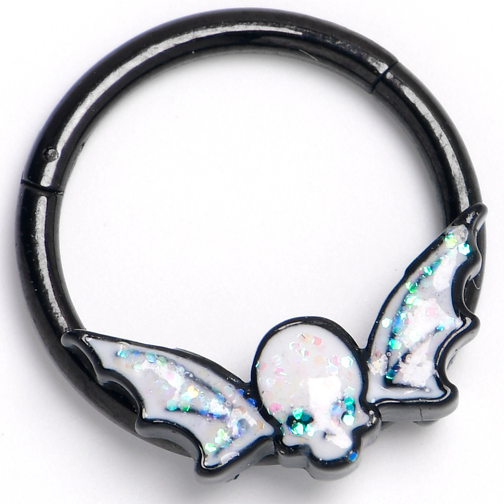 16G 3/8 Black Winged Skull Glitter Hinged Segment Ring