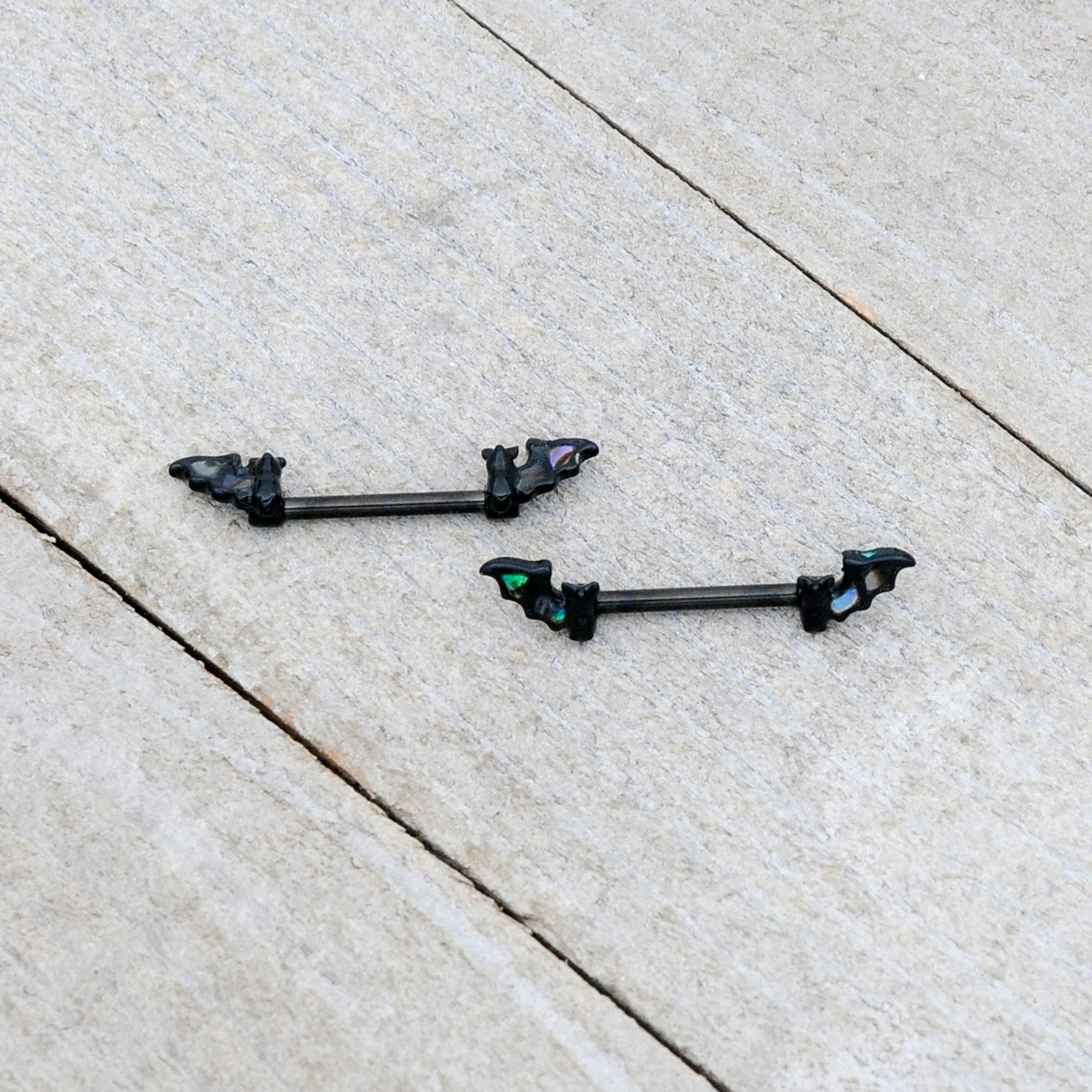 14G 9/16 Black Subtle Bat Barbell Nipple Ring Set