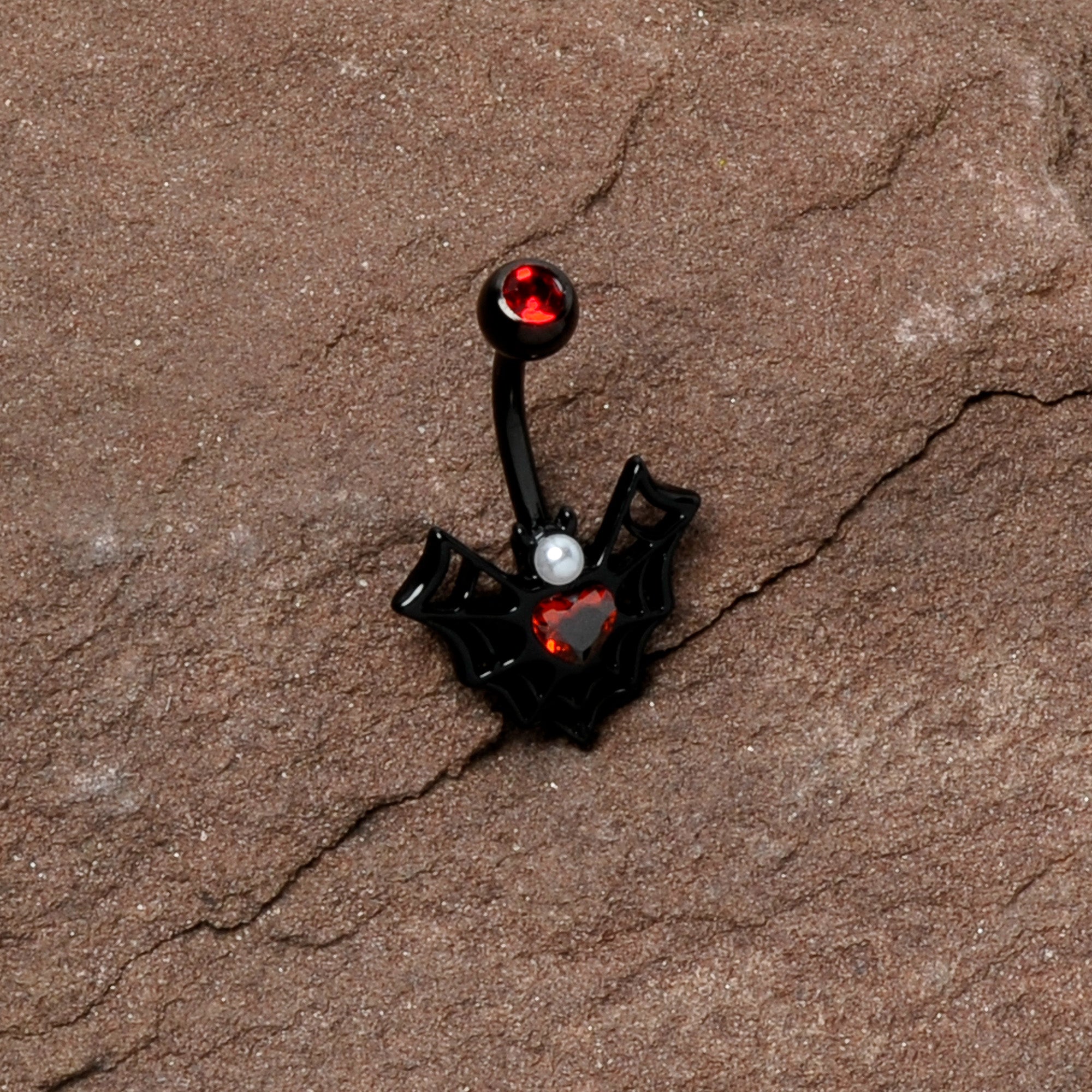 Red Gem Black Gothic Bat Heart Belly Ring