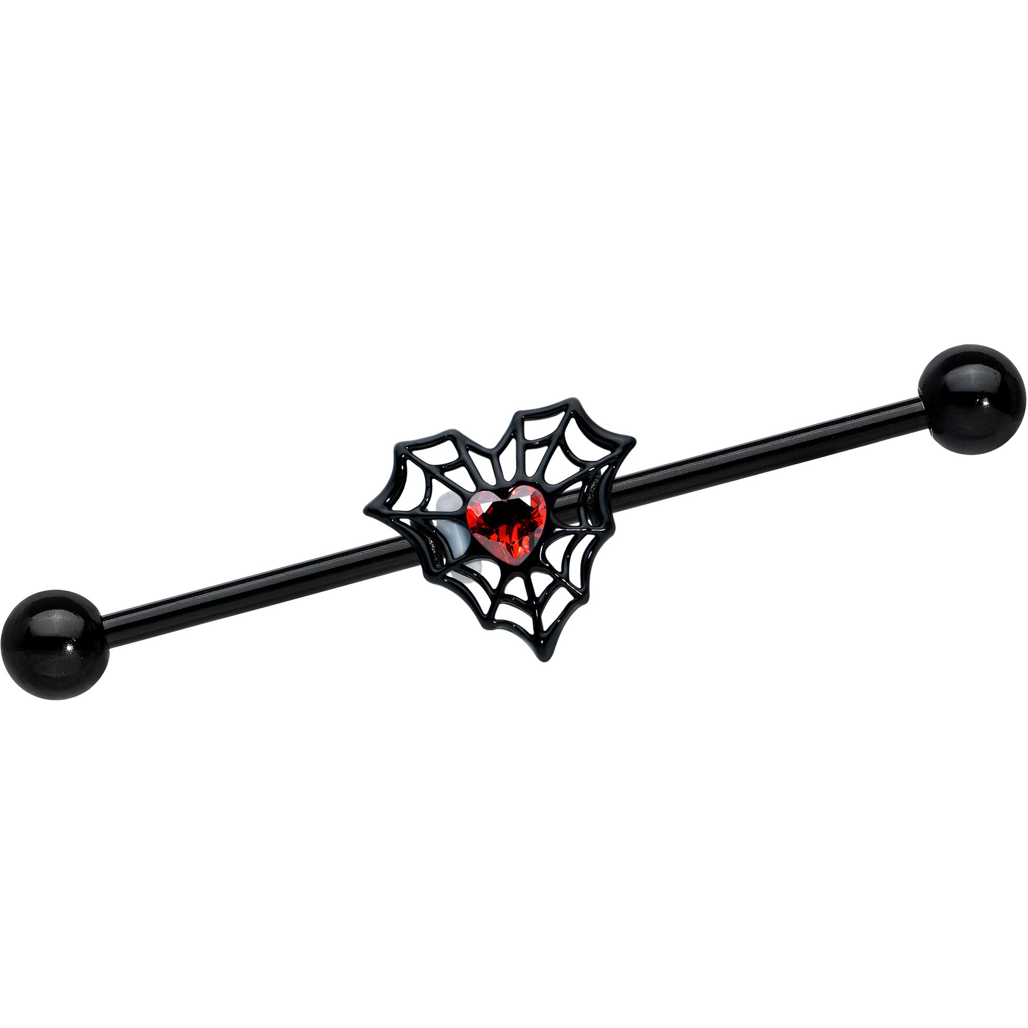 14G Red Gem Black Spider Heart Web Industrial Barbell 38mm