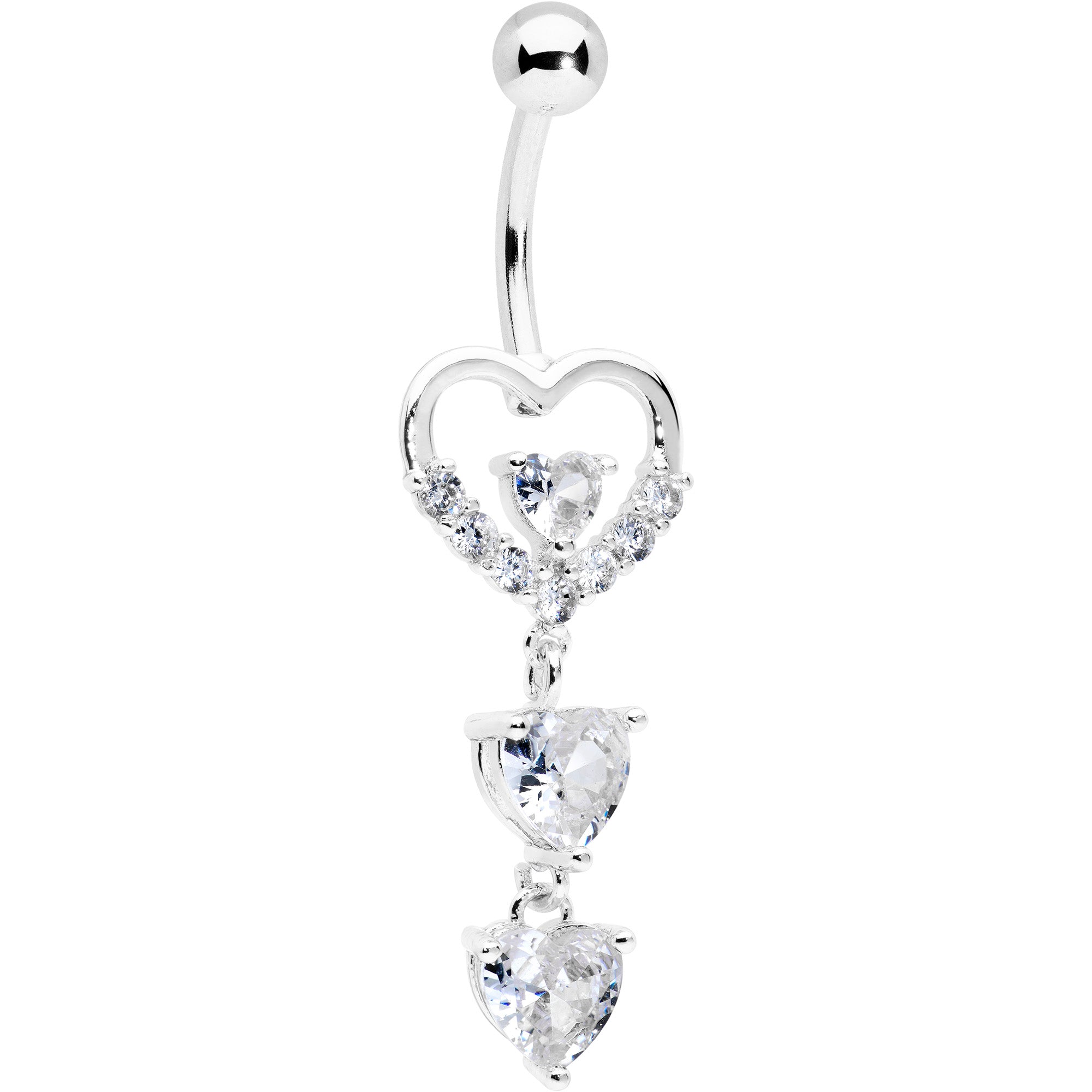 Clear CZ Gem Opulent Heart Quartet Dangle Belly Ring