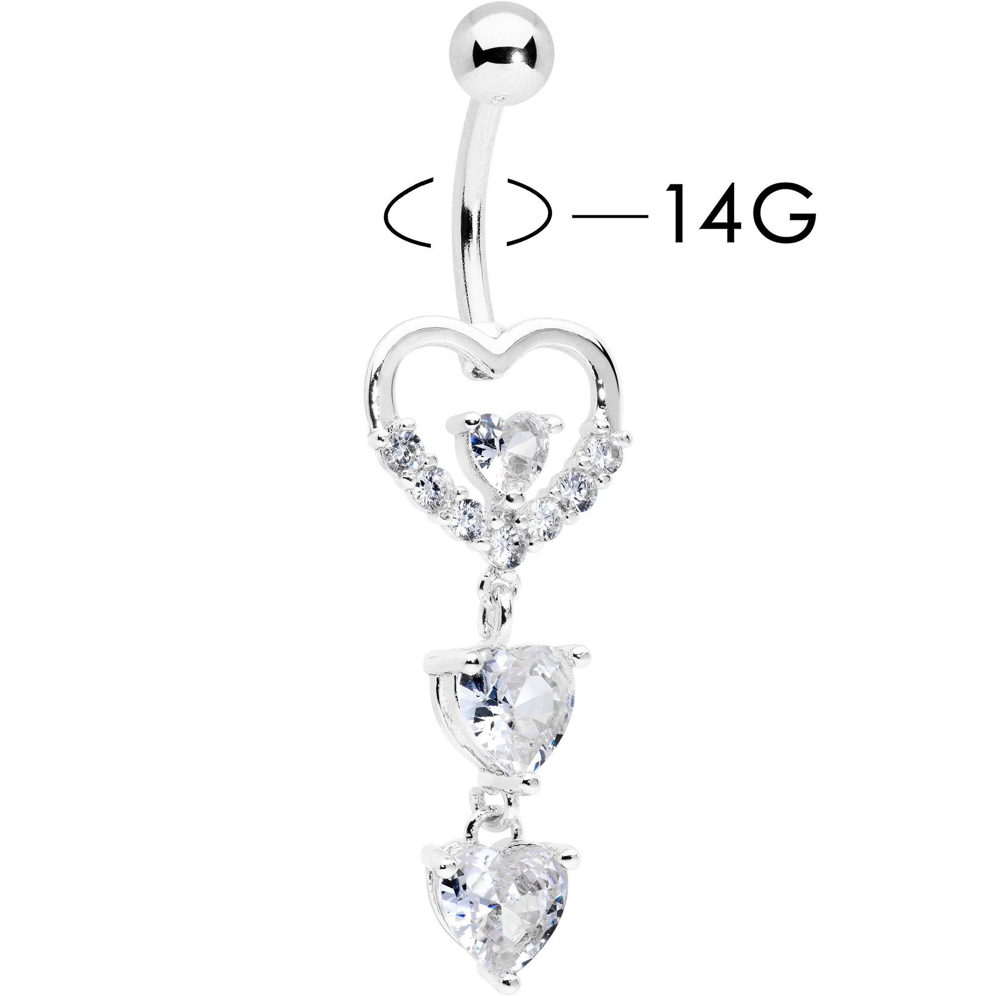 Clear CZ Gem Opulent Heart Quartet Dangle Belly Ring