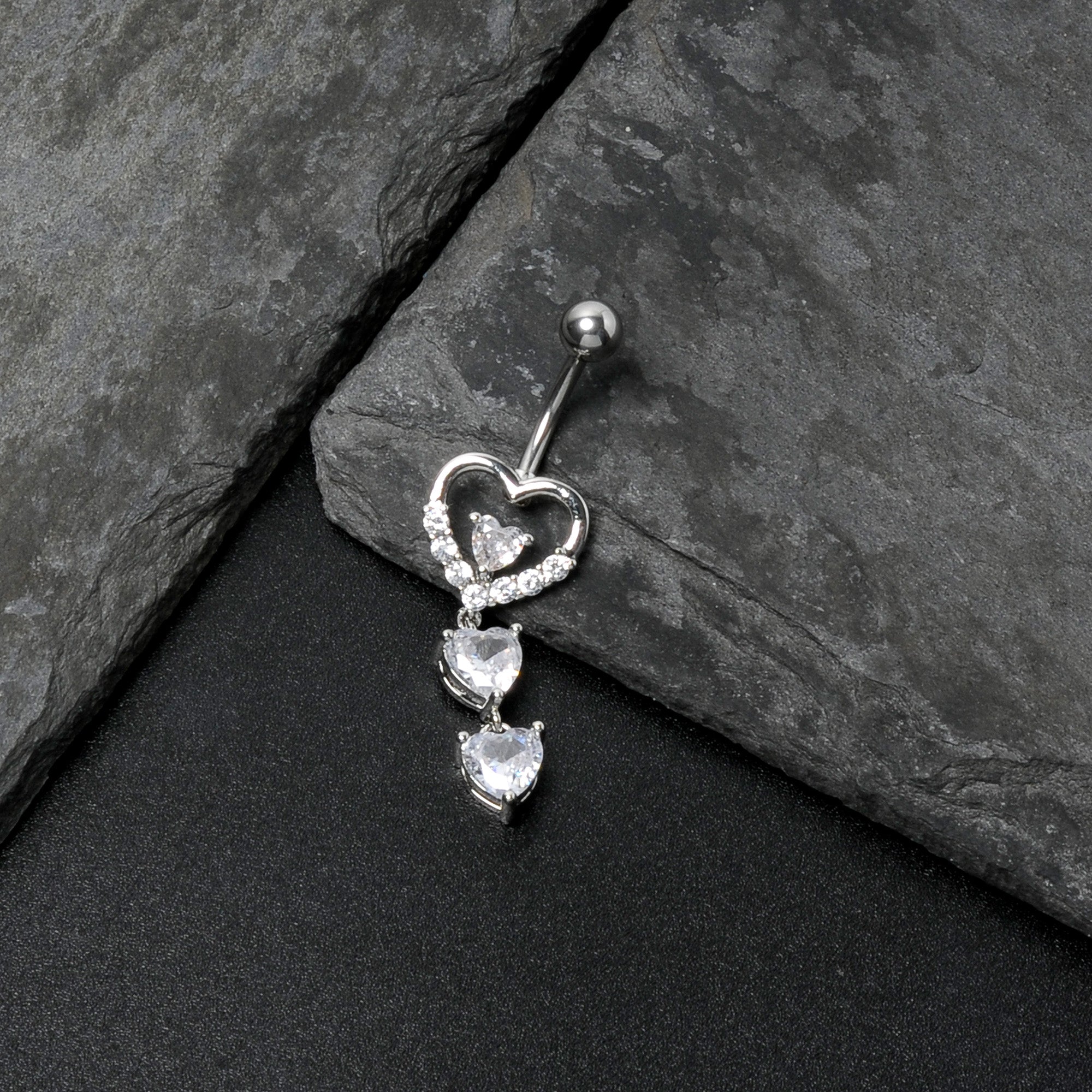 Clear CZ Gem Opulent Heart Quartet Dangle Belly Ring