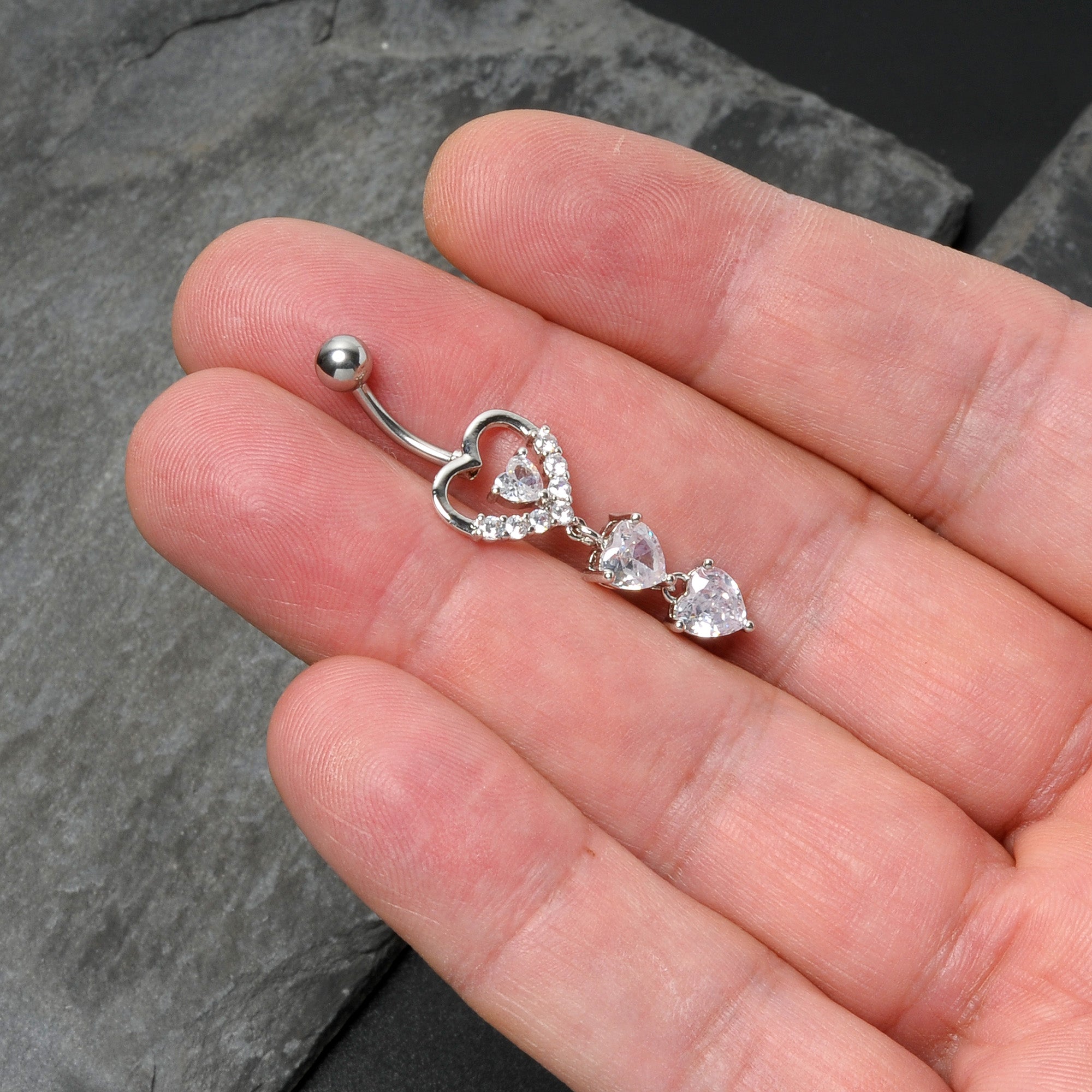 Clear CZ Gem Opulent Heart Quartet Dangle Belly Ring