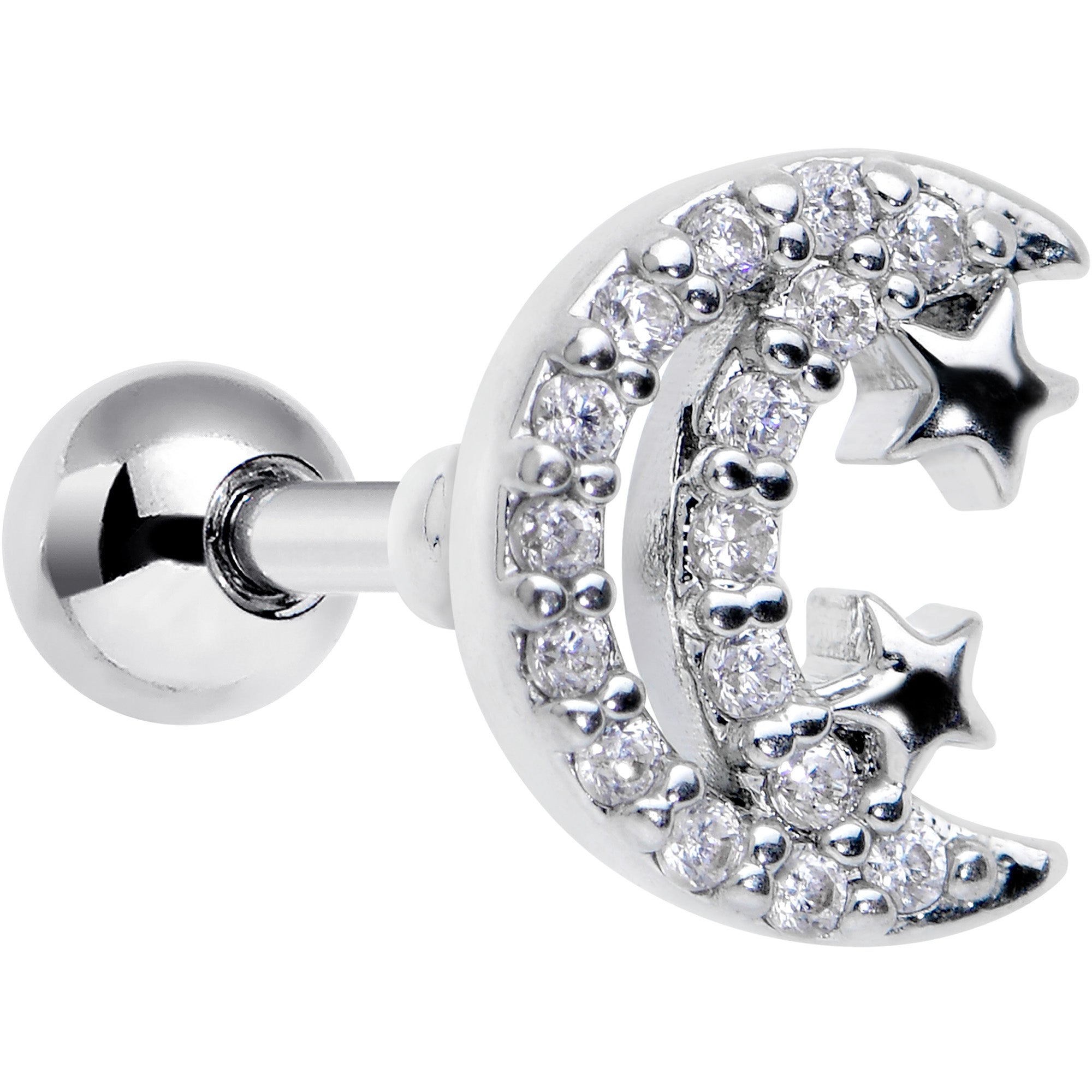 16G 1/4 Clear CZ Gem Starry Crescent Moon Cartilage Tragus Earring