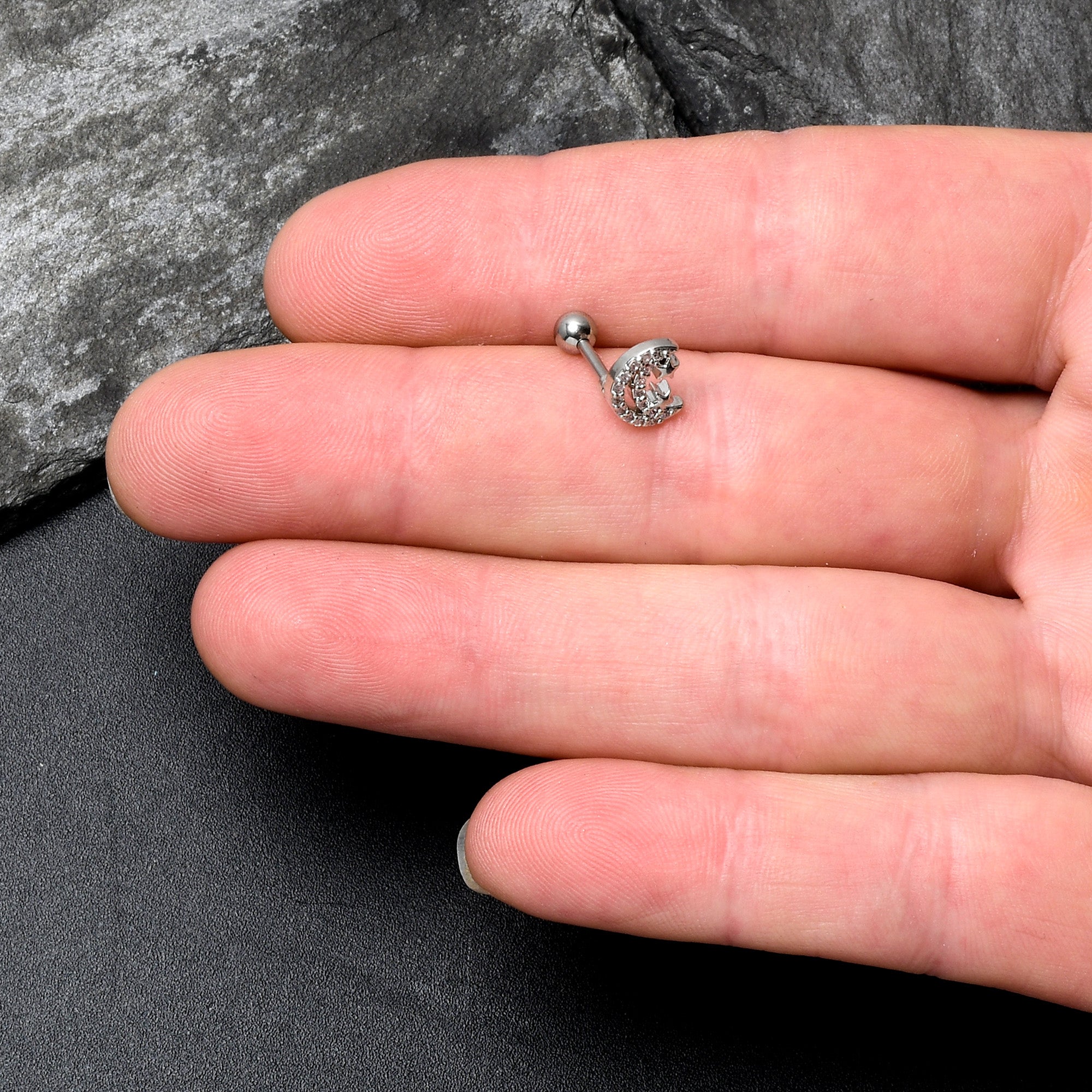 16G 1/4 Clear CZ Gem Starry Crescent Moon Cartilage Tragus Earring