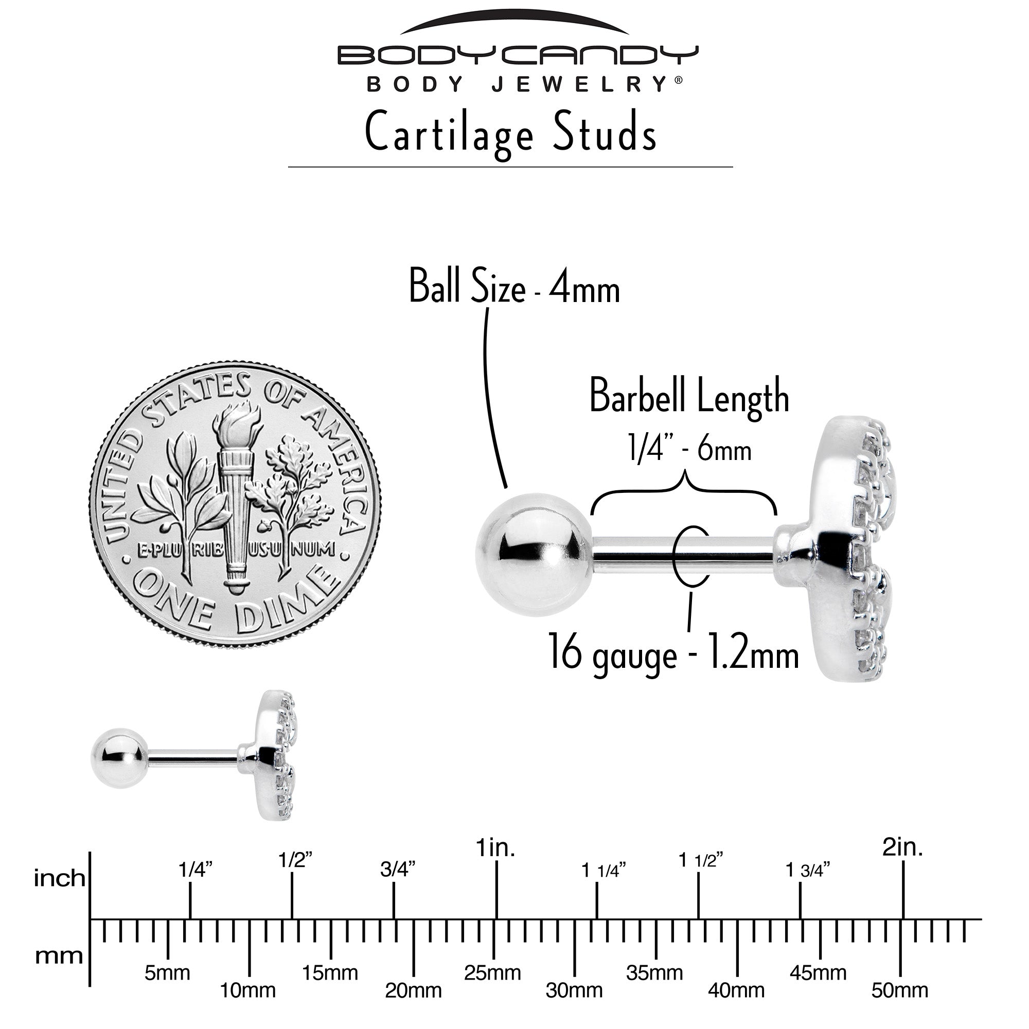 16G 1/4 Clear CZ Gem Starry Crescent Moon Cartilage Tragus Earring