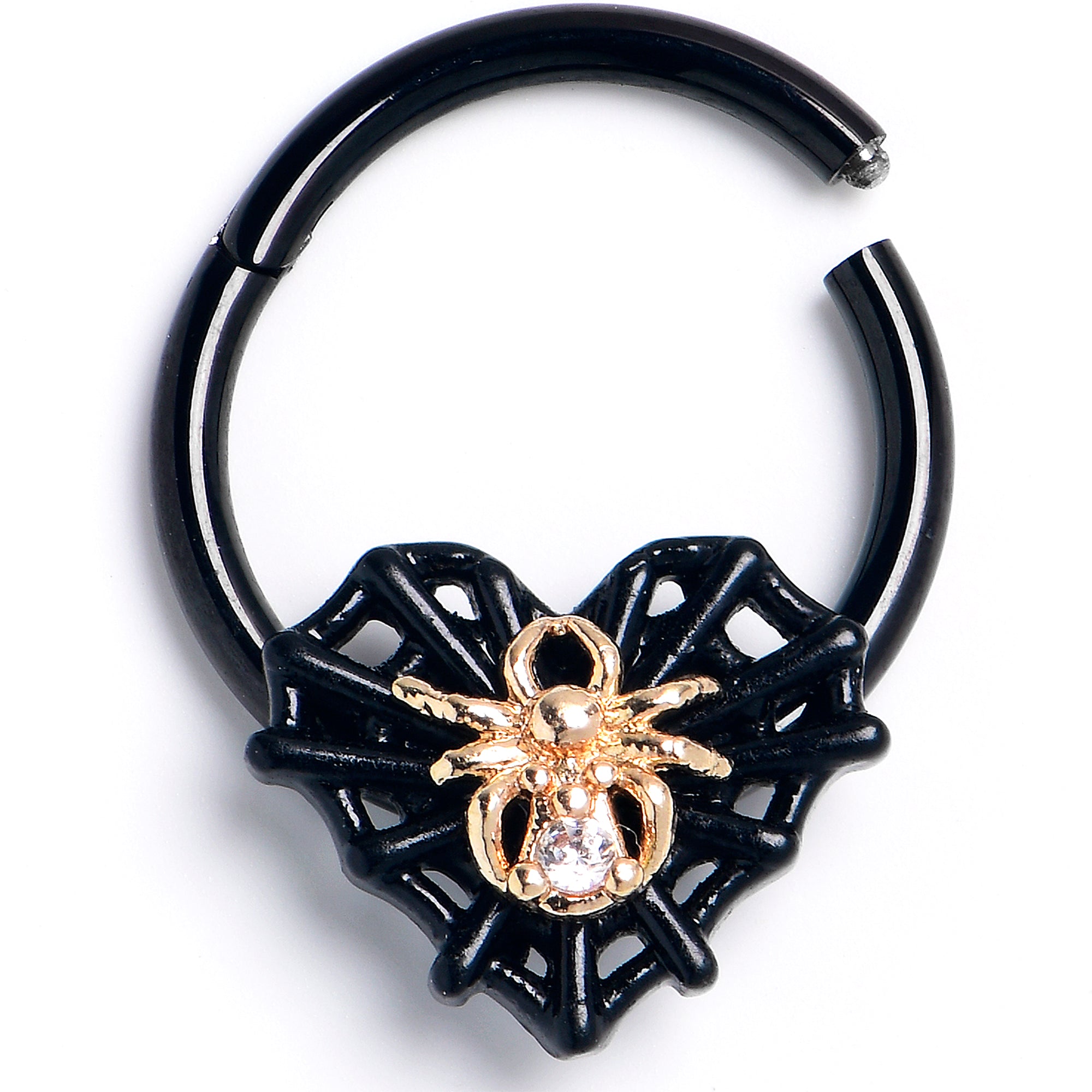 16G 3/8 Clear Gem Black Golden Spider Web Heart Hinged Segment Ring