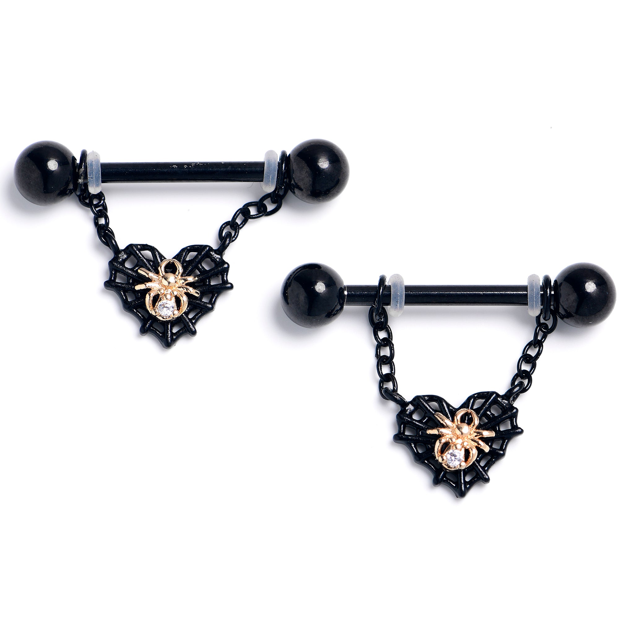 14G 9/16 Clear Gem Black Golden Spider Web Dangle Nipple Ring Set