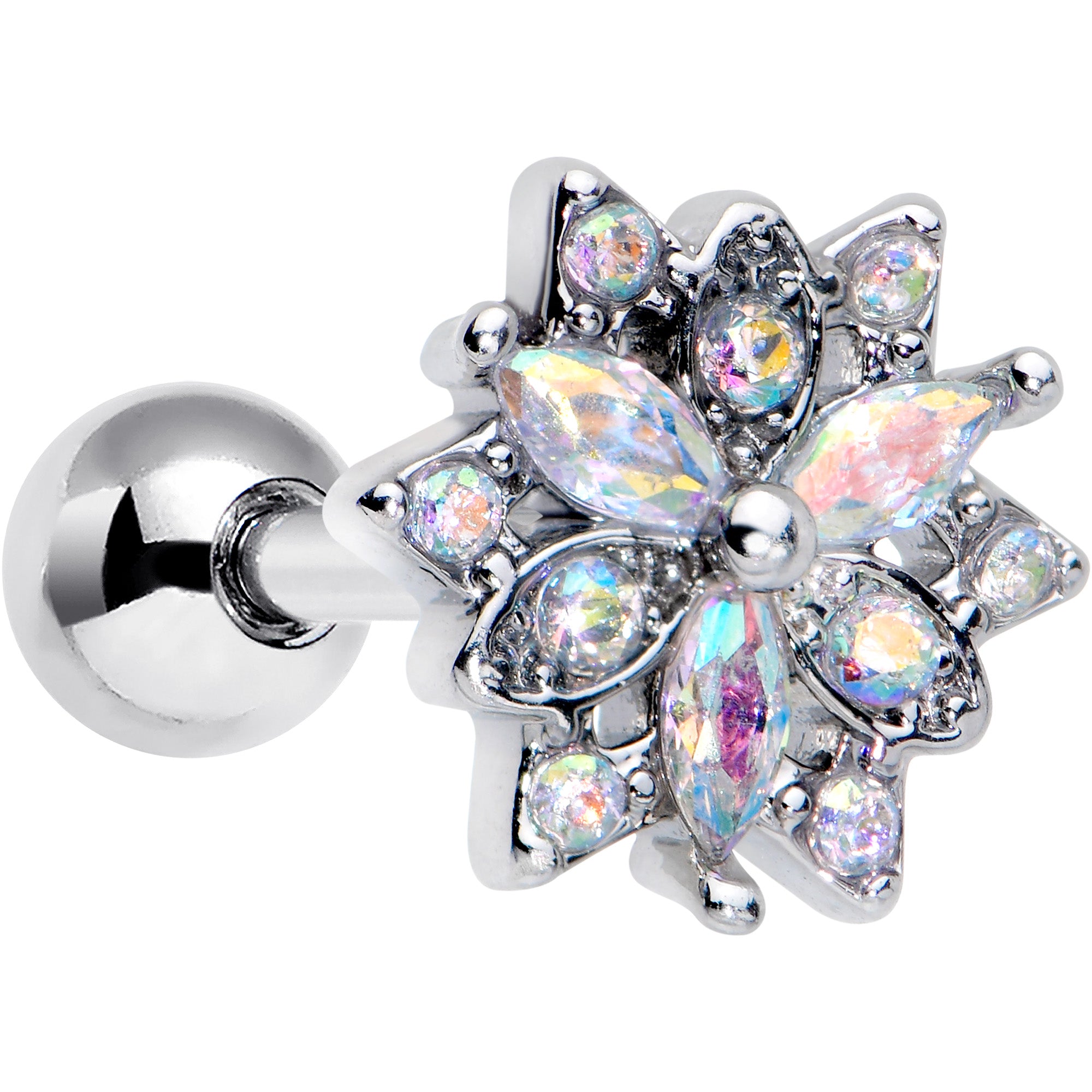 16G 1/4 Aurora CZ Gem Snowflake Style Cartilage Tragus Earring