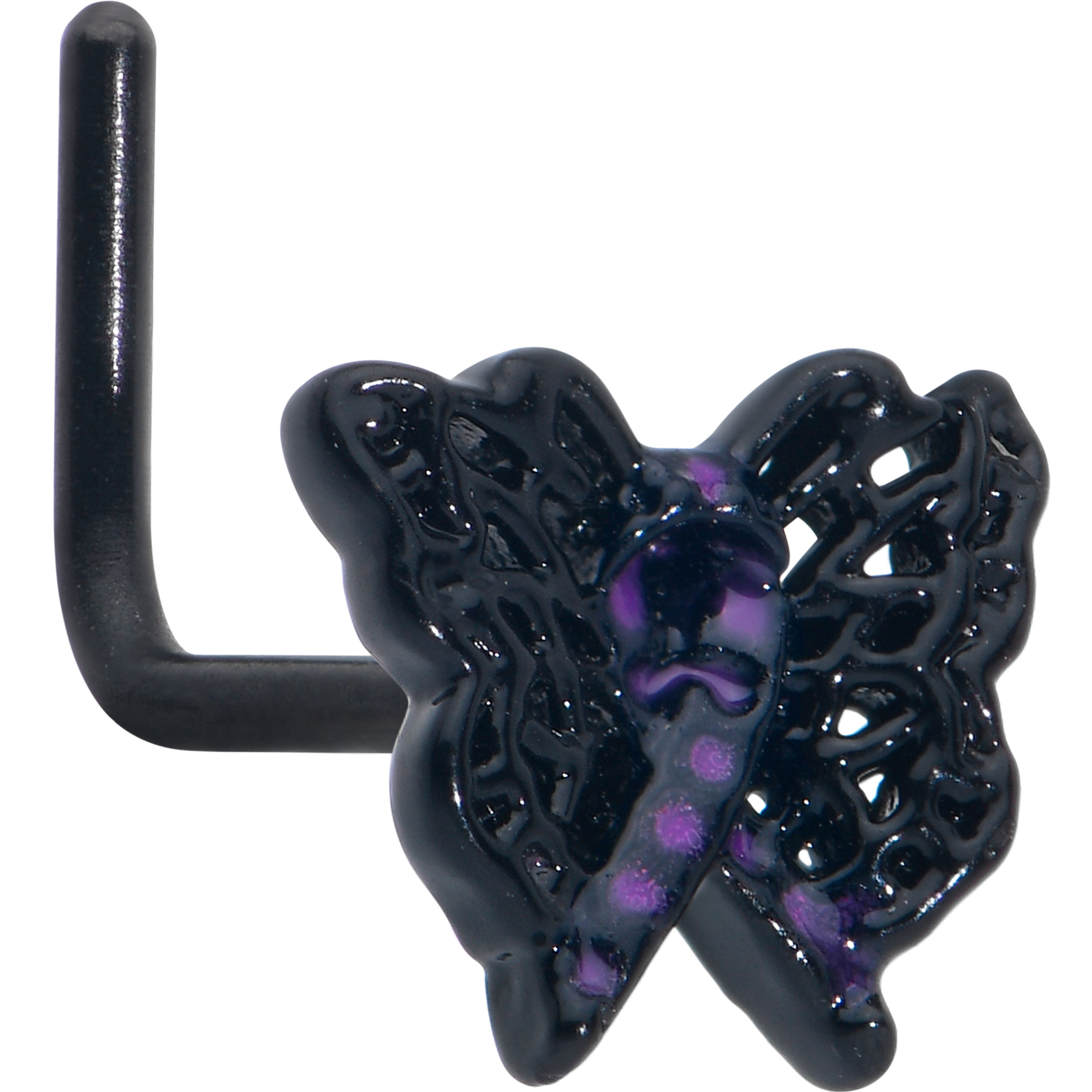 20G 7mm Black Butterfly Beauty In Flight L Shape Nose Ring