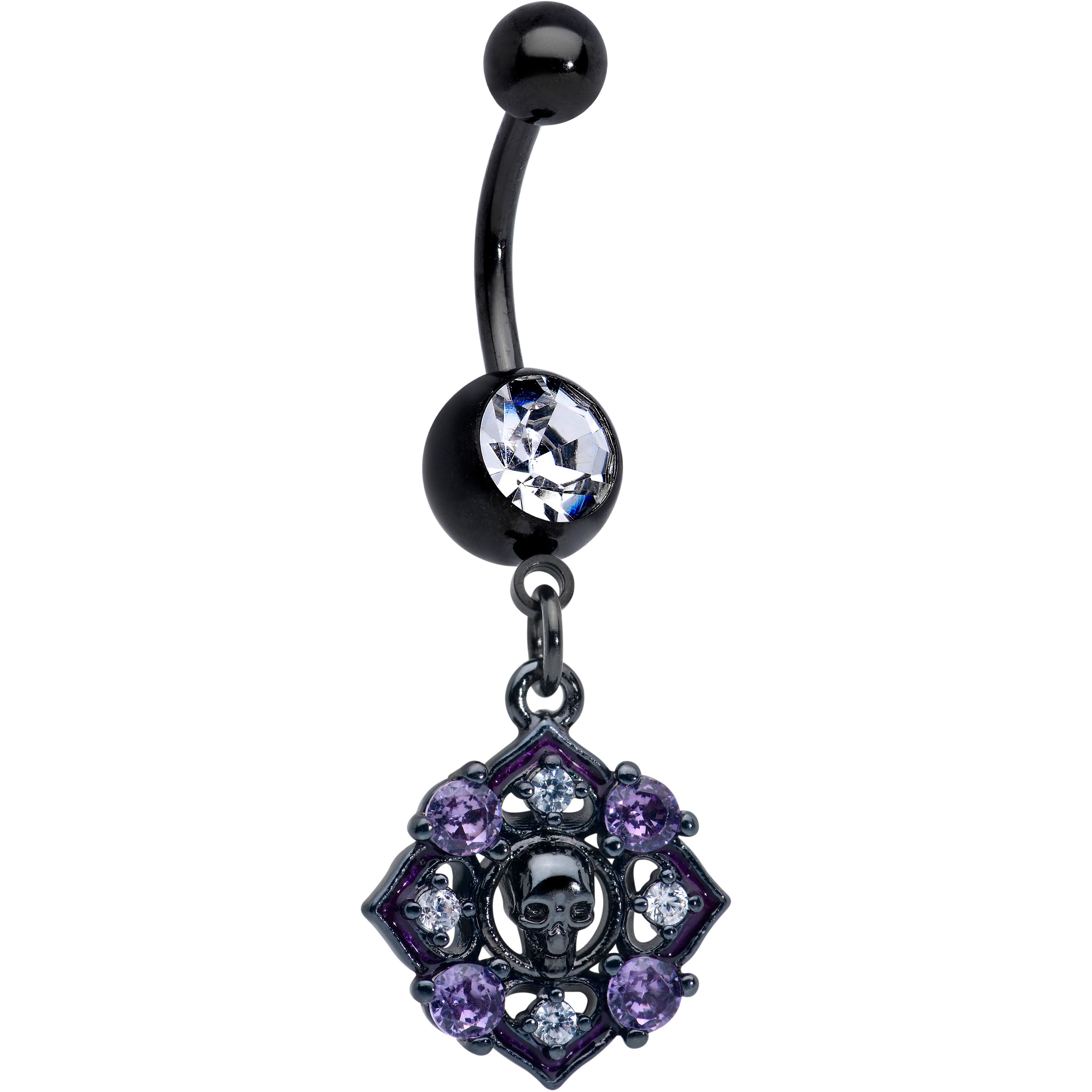 Clear Purple Gem Black Skull Circle Dangle Belly Ring