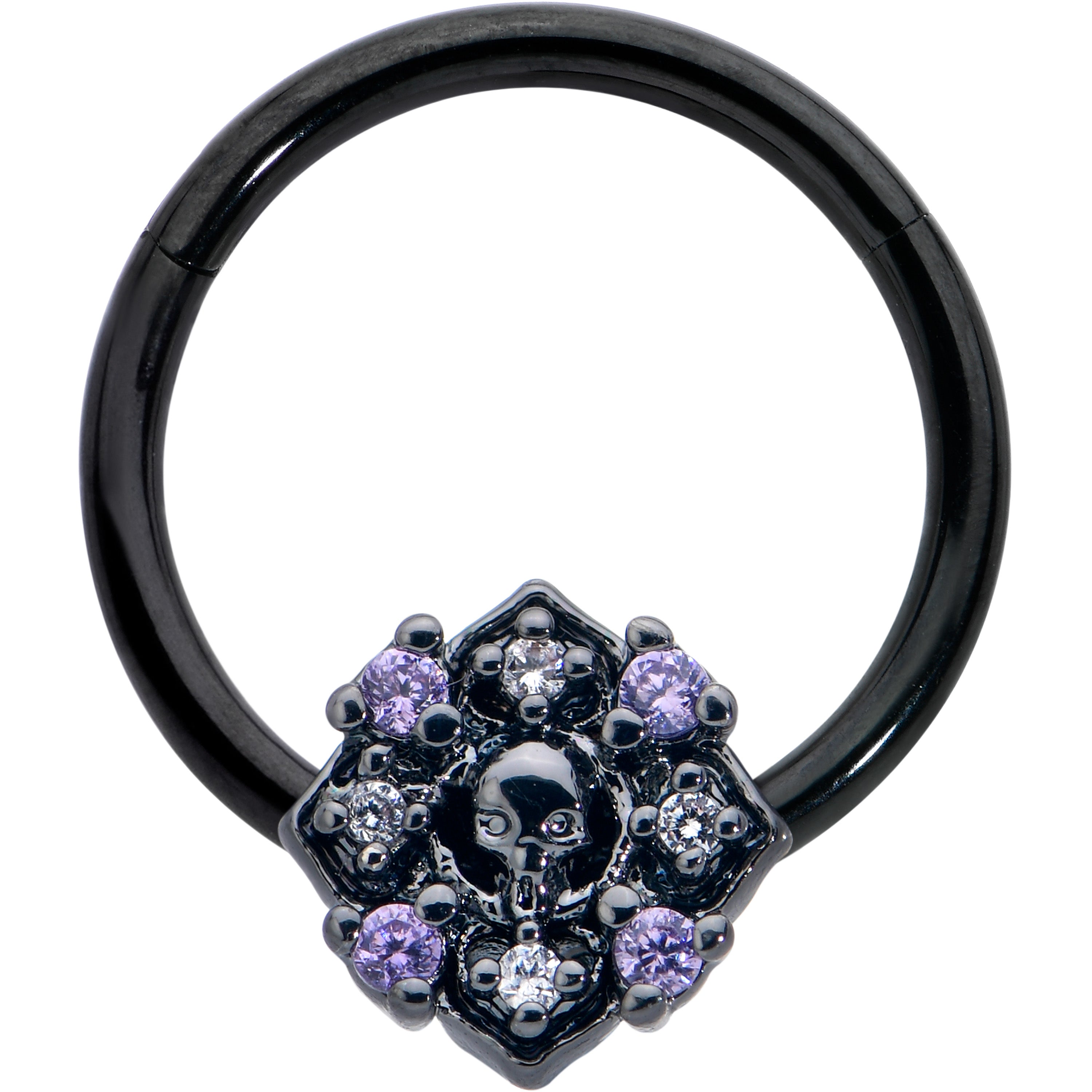 16G 3/8 Purple Gem Black Skull Circle Hinged Segment Ring