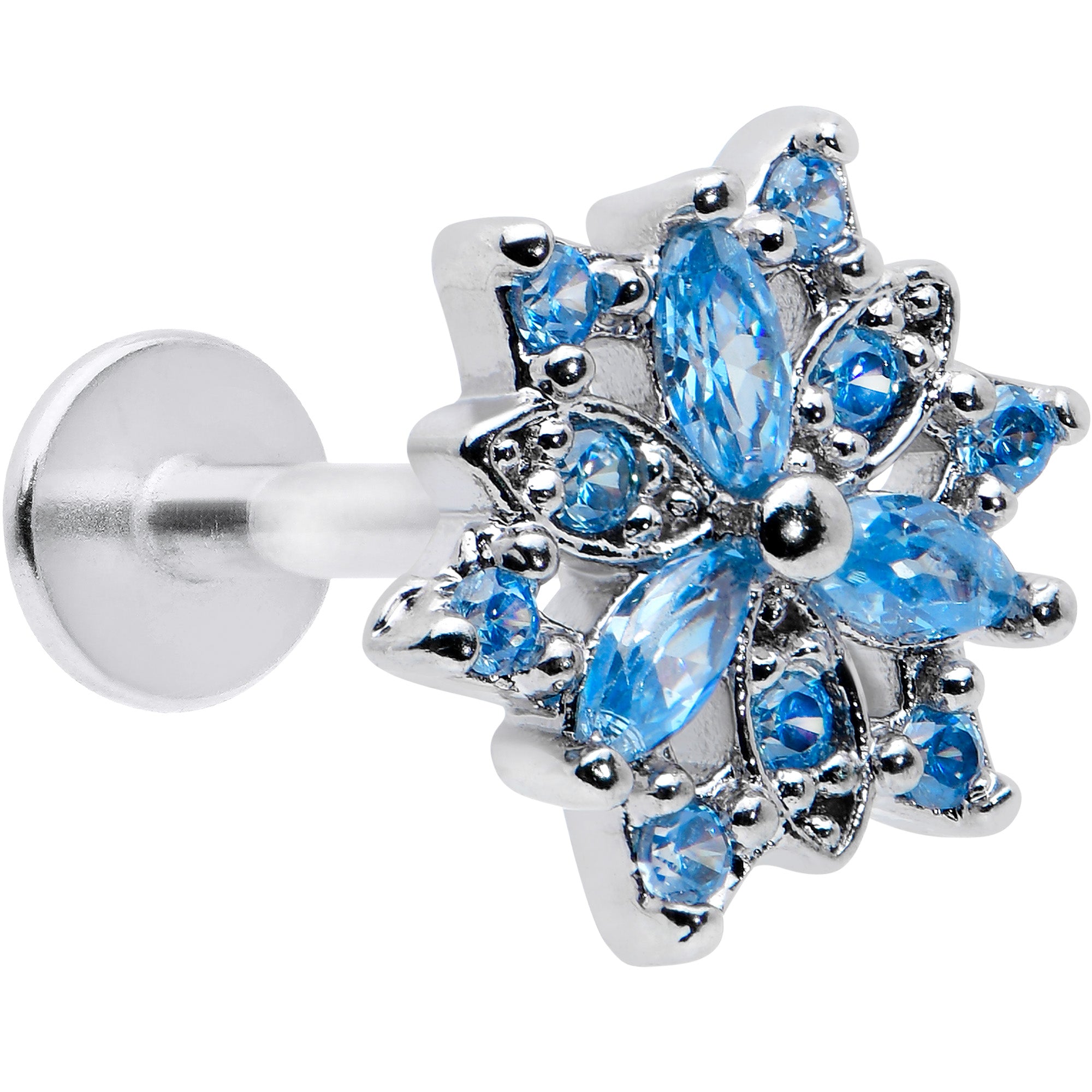 16G 5/16 Blue CZ Gem Snowflake Blues Labret Monroe Tragus