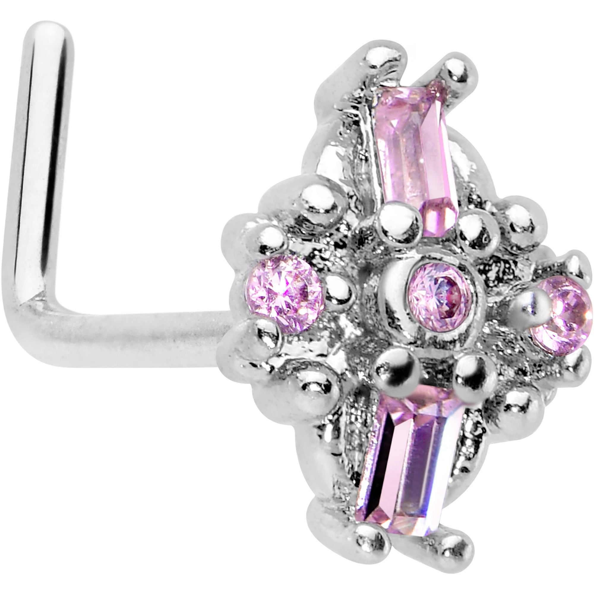 20G 7mm Pink Gem Opulent Cross L Shape Nose Ring